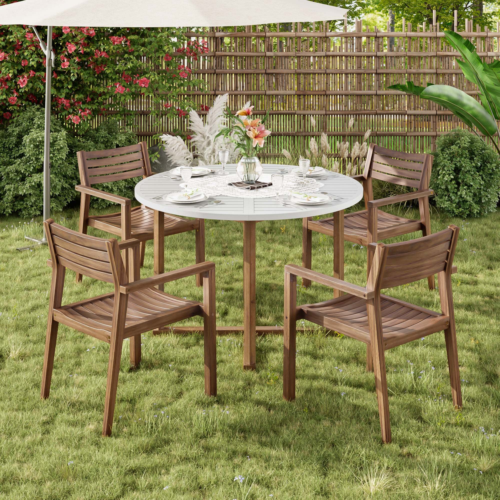 U_STYLE 5-Piece Outdoor Dining Set with 4 Acacia Wood Chairs,47.2" Round Dining Table with Slatted Design, Ideal for Patios, Gardens, Poolsides, and Lawn Areas & Indoor