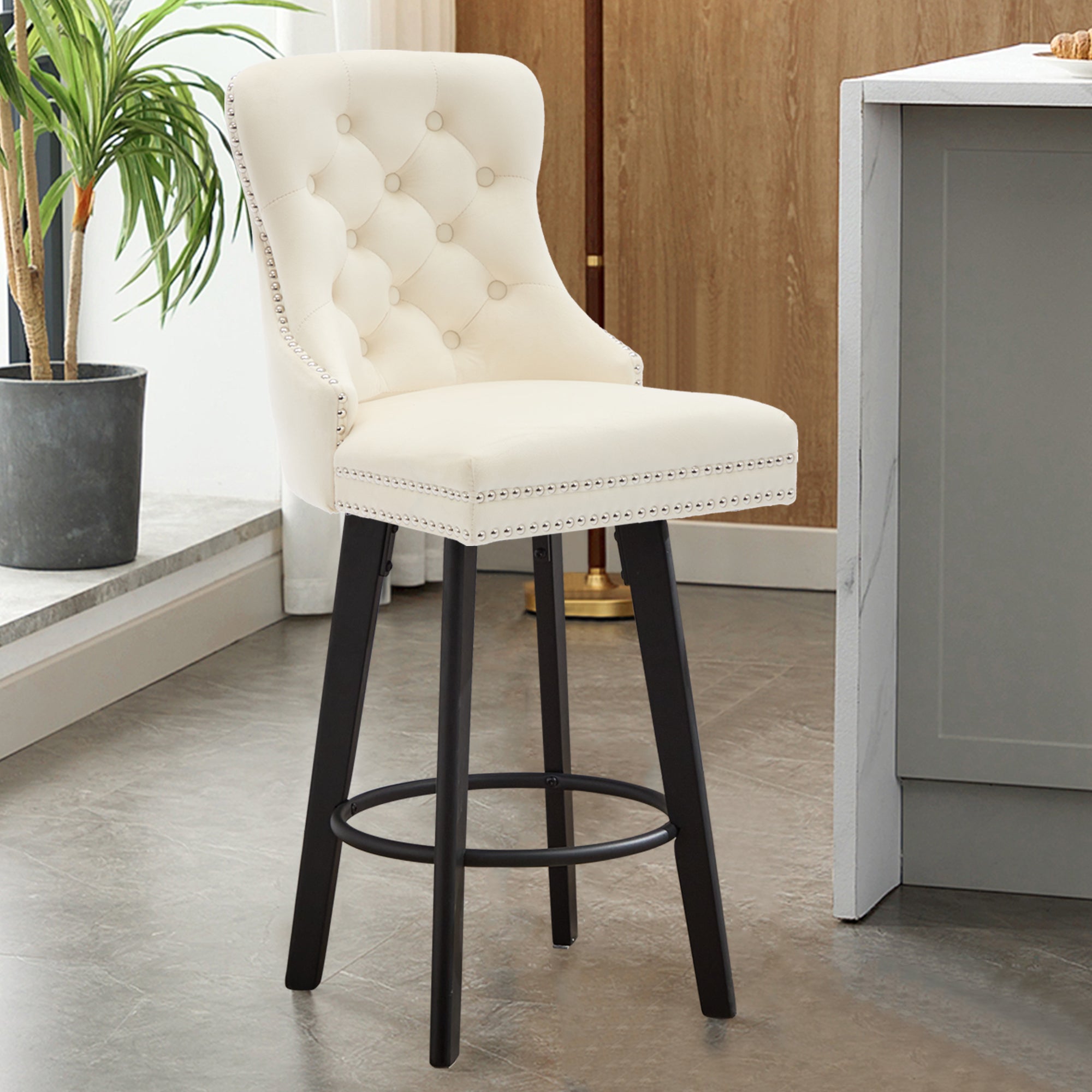 Modern Velvet Button Tufted Swivel Bar Stool with Metal Pull Ring