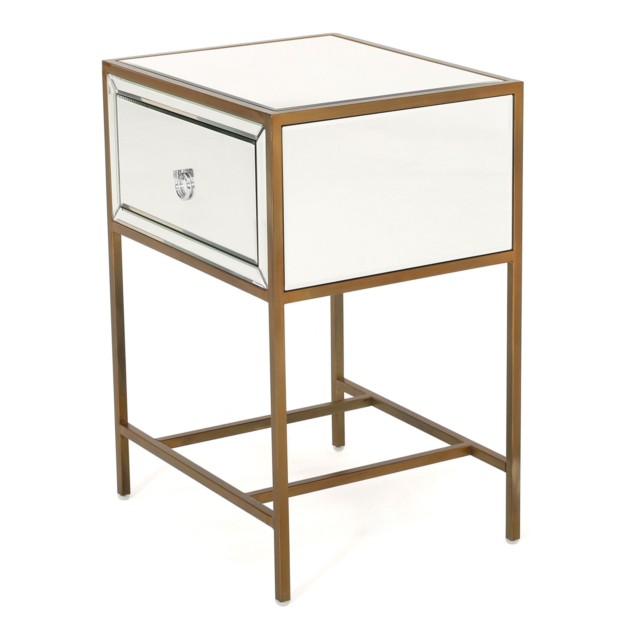 Mirror Side Table with Drawer and Metal Frame