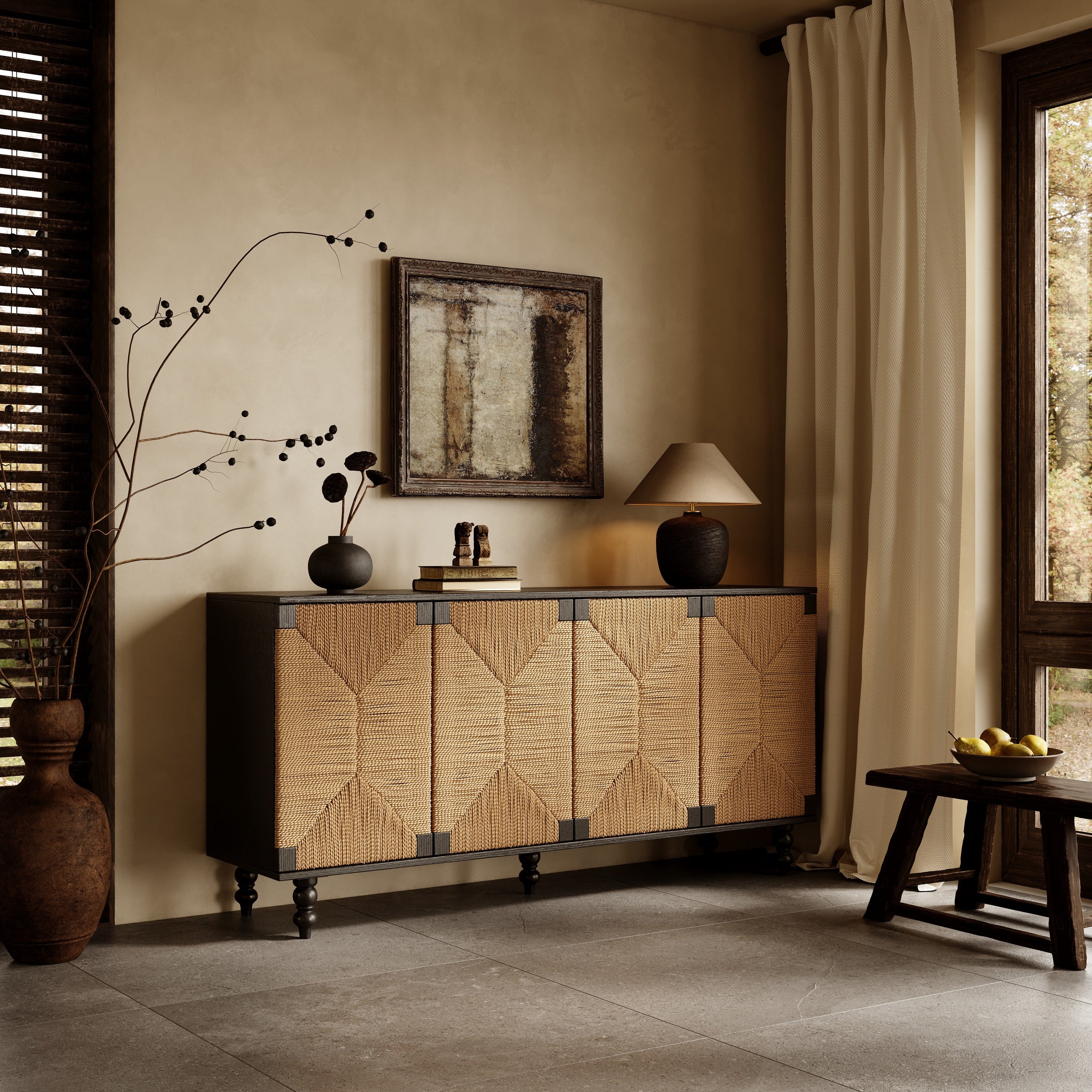 Natural Sideboard Buffet Cabinet with Seagrass Doors