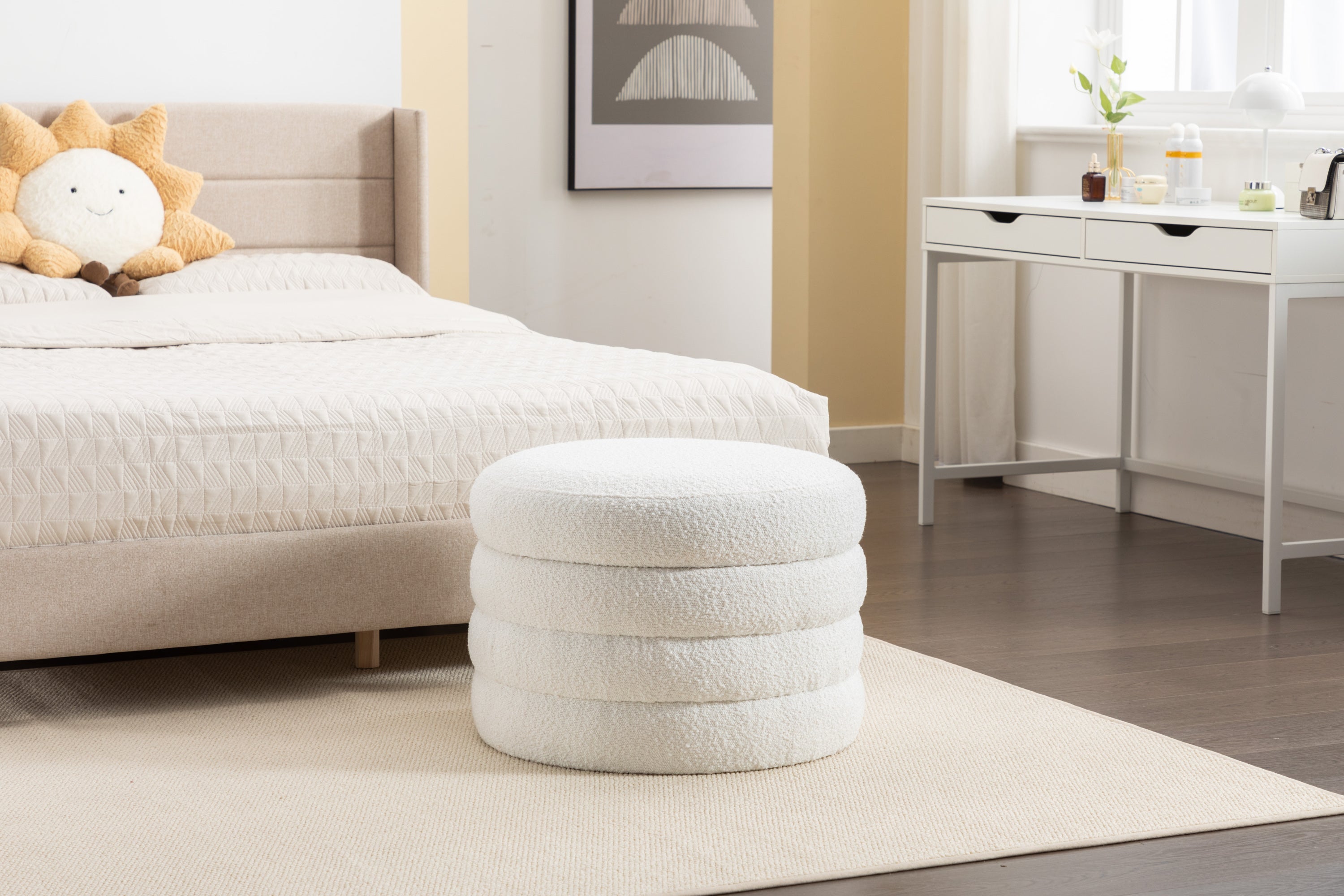 Boucle Storage Round Ottoman Footstool With Wooden Shelving