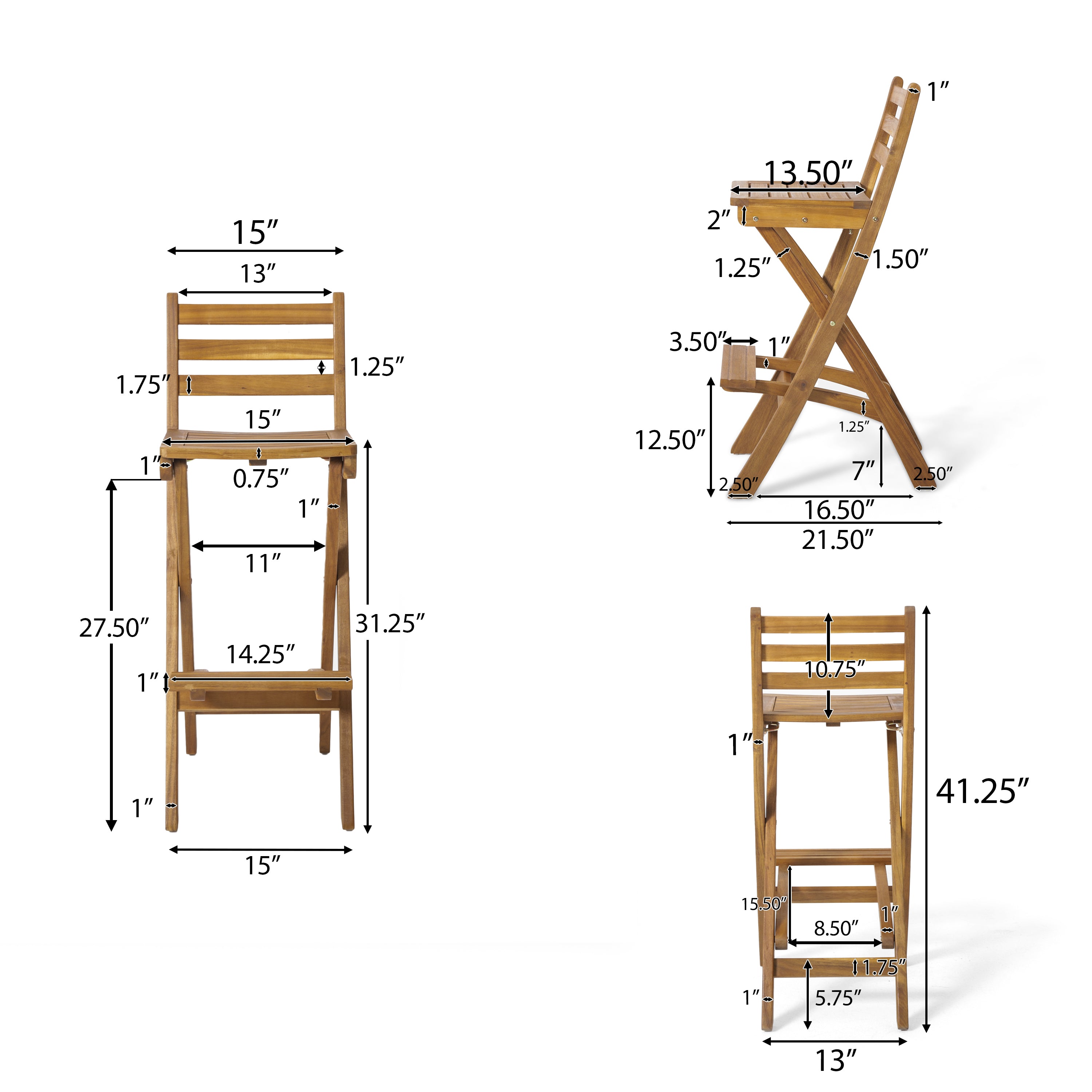 Outdoor Acacia Wood Folding Patio Barstool, Set of 2