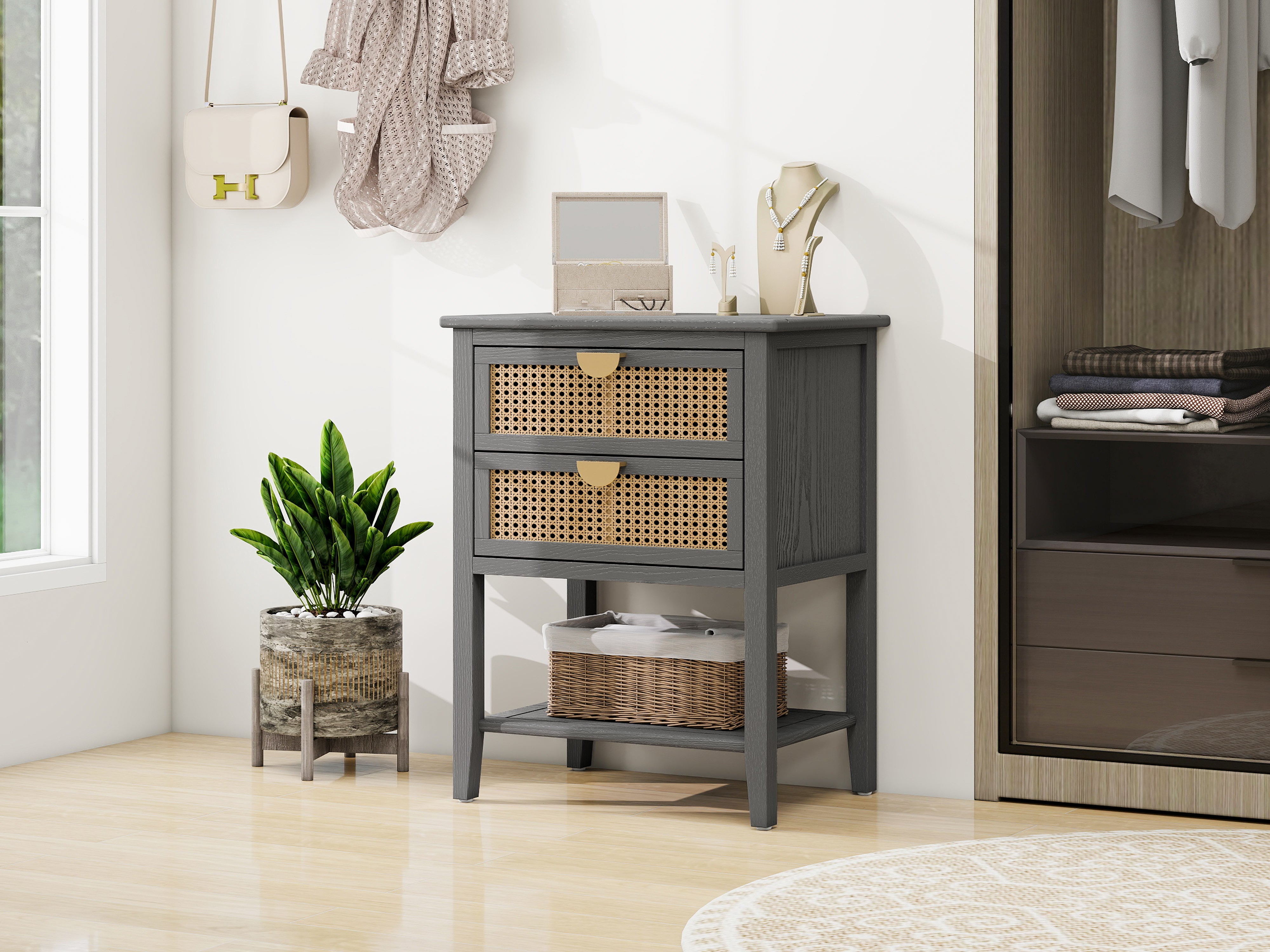 2-Drawer Side Table with Natural Rattan Drawers