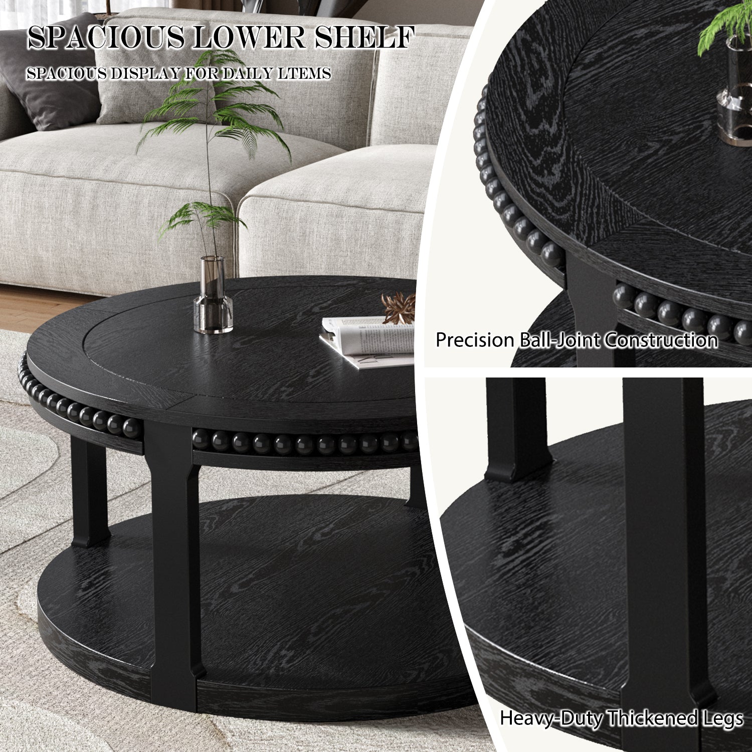 Round Solid Wood Coffee Table with Beaded Accent Edge