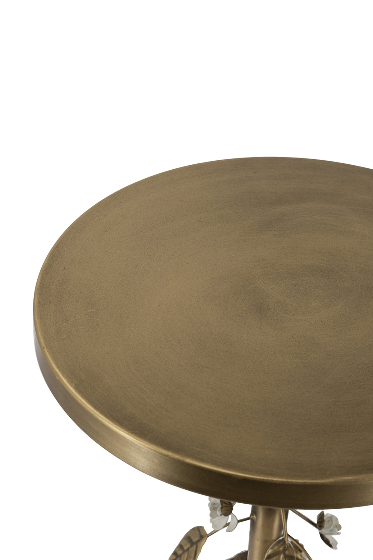 Round Iron Side Table with Gold and White Floral Accents and Cement Base