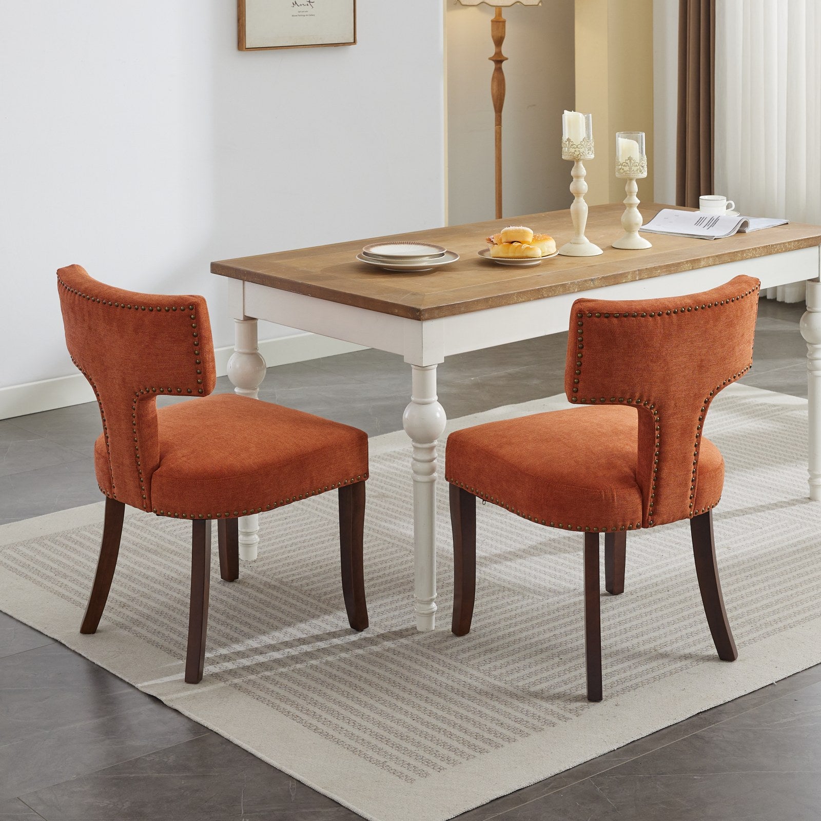Mid Century Modern Dining Chairs Set of 2, Farmhouse Linen Fabric Upholstered Accent Chair Curved Backrest with Copper Nails around,Kitchen Chairs with Hardwood Frame, Orange