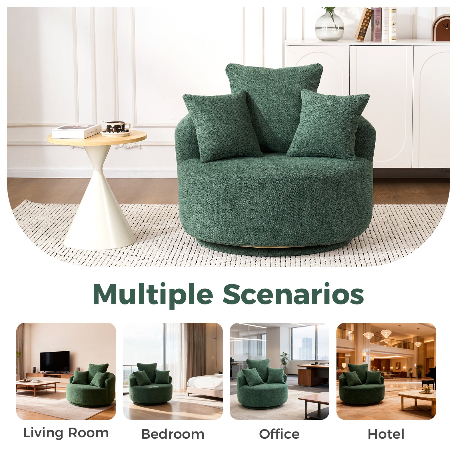 Round Armless Barrel Swivel Accent Chair with 3 Pillows