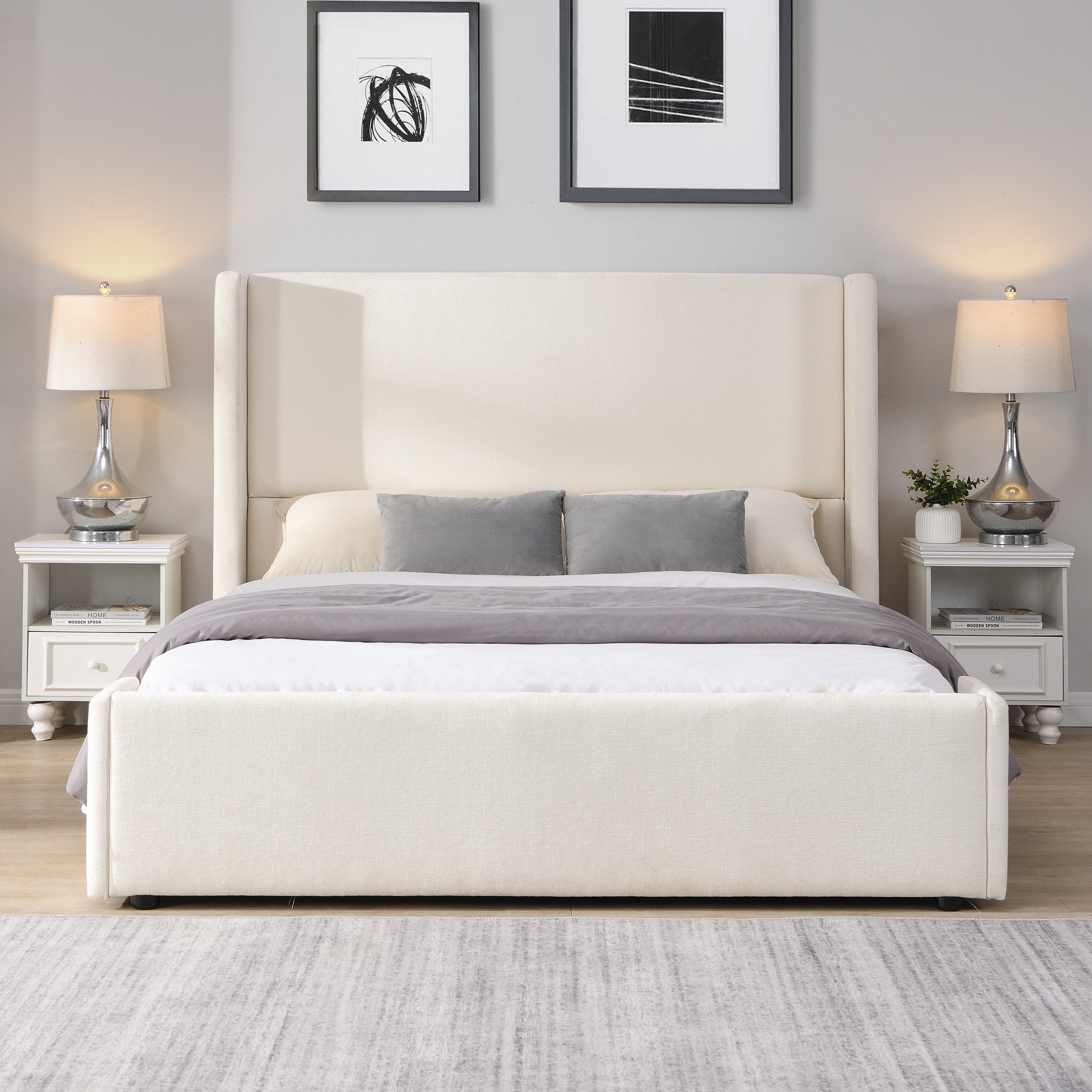 Elegant White Fabric Upholstered Bed with Tall Headboard