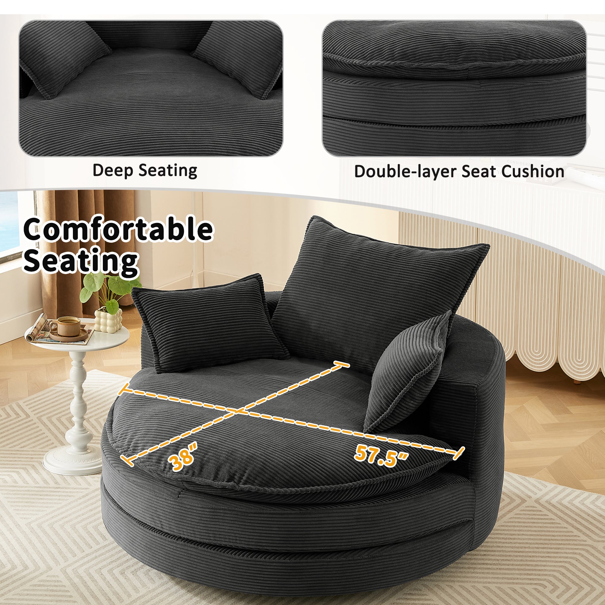 Corduroy 360° Swivel Accent Barrel Chair with 3 Removable Pillows