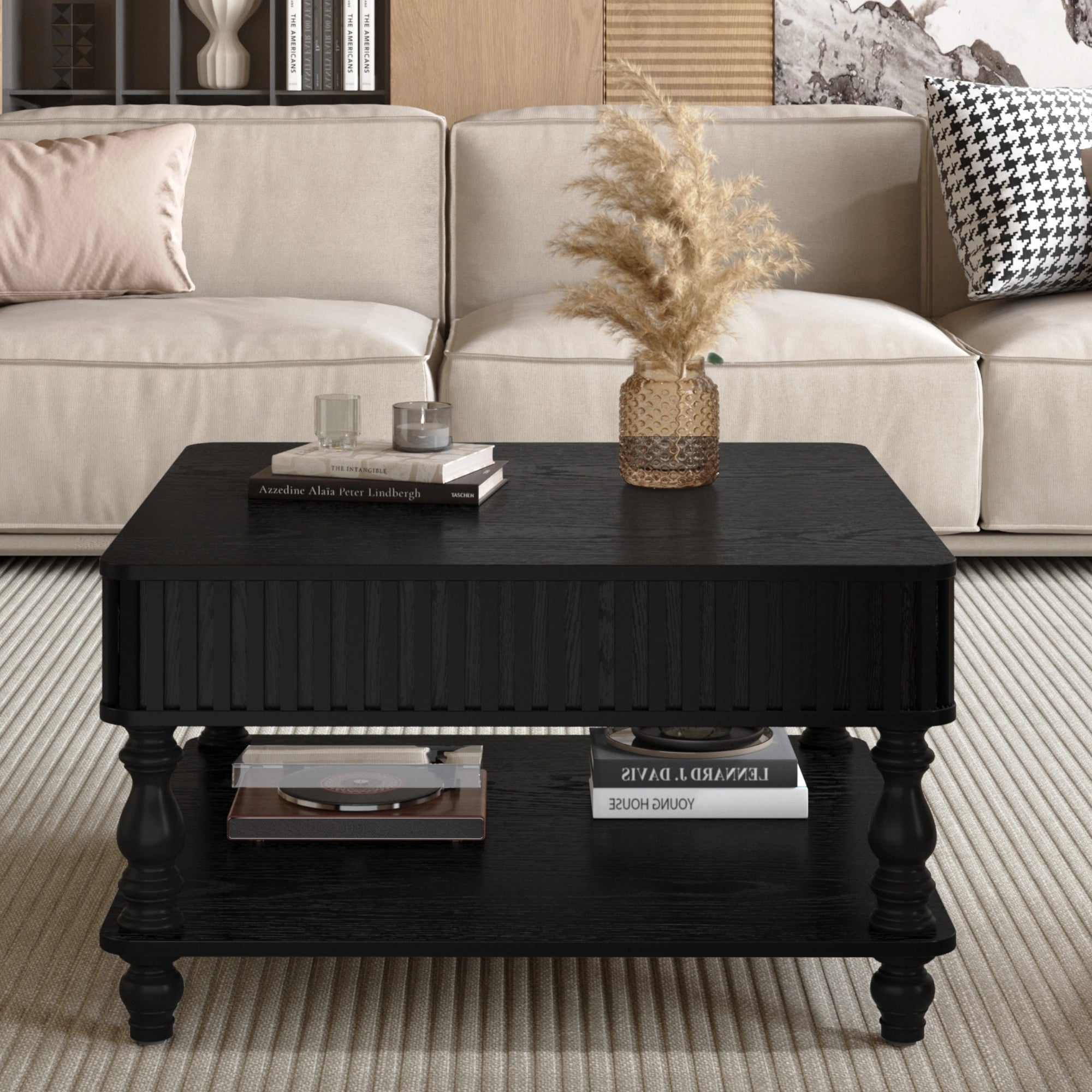 Square Fluted Lift-Top Coffee Table with Hidden & Open Storage