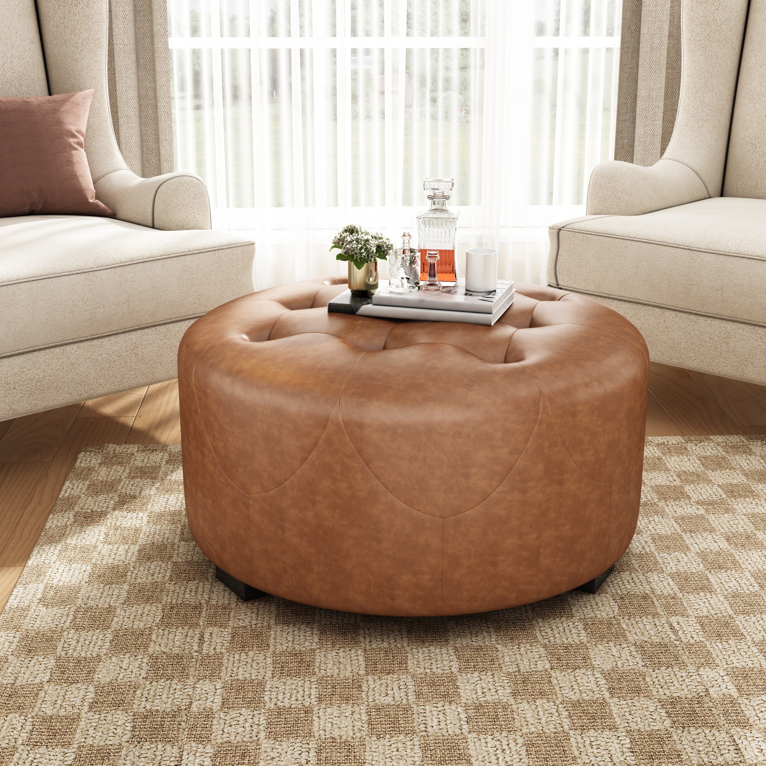 Upholstered Button Tufted Round Ottoman