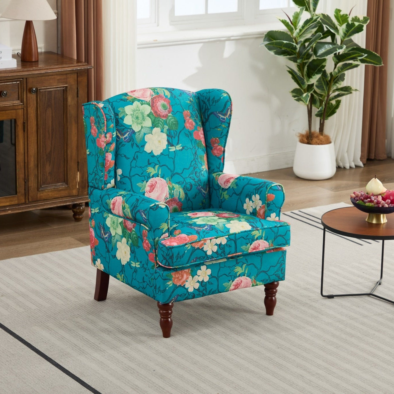 Modern Floral Design Accent Chair with Retro Wood Legs