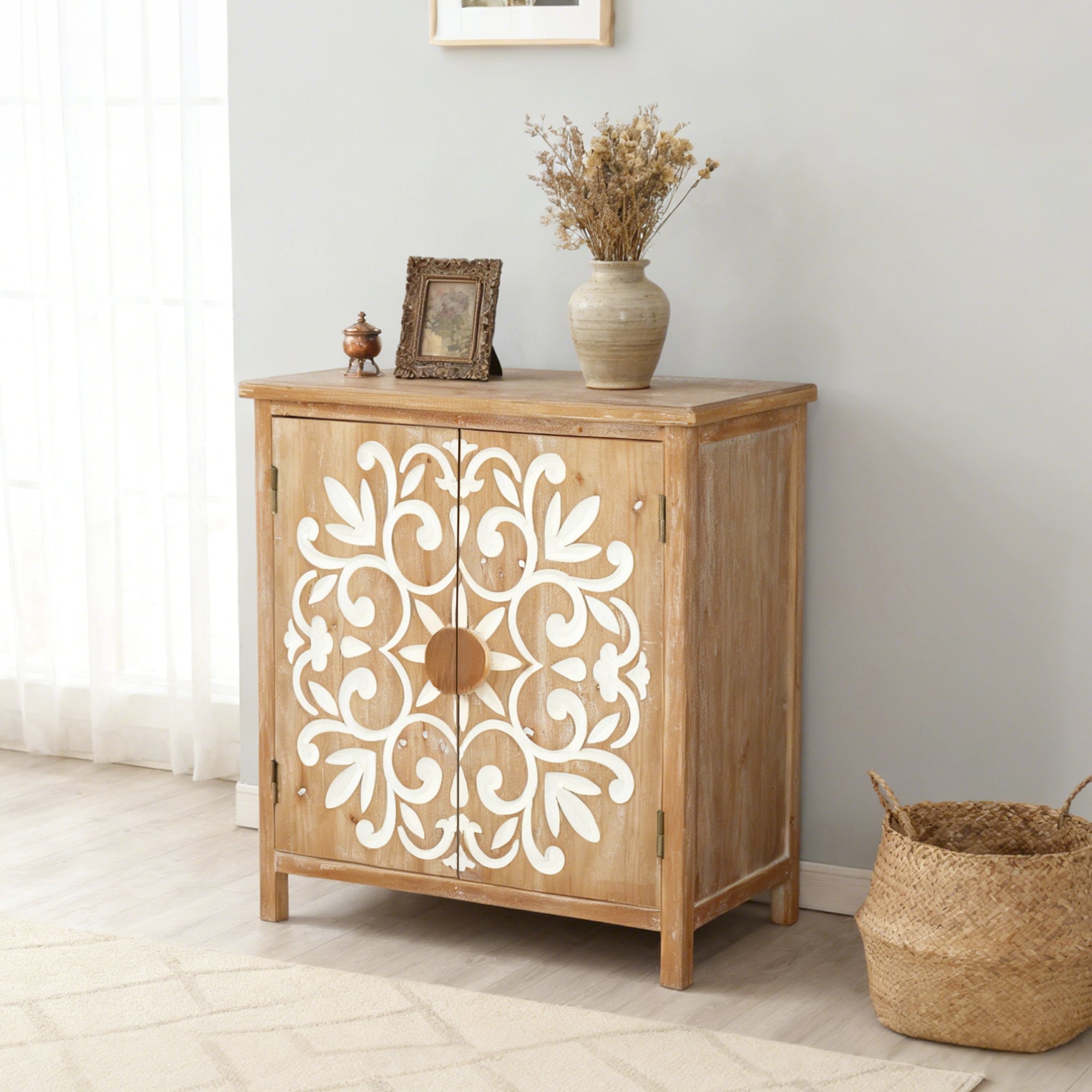 Maharaja Wooden Accent Cabinet with Floral Carved Doors