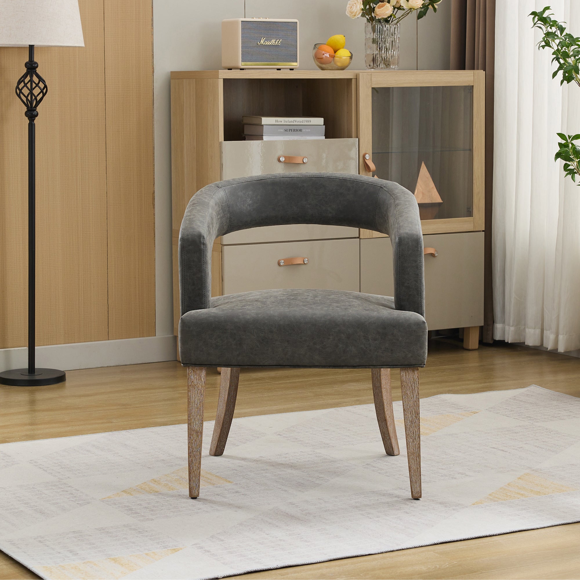 Open-Back Barrel Accent Chair with Velvet Upholstery and Weathered Solid Wood Legs