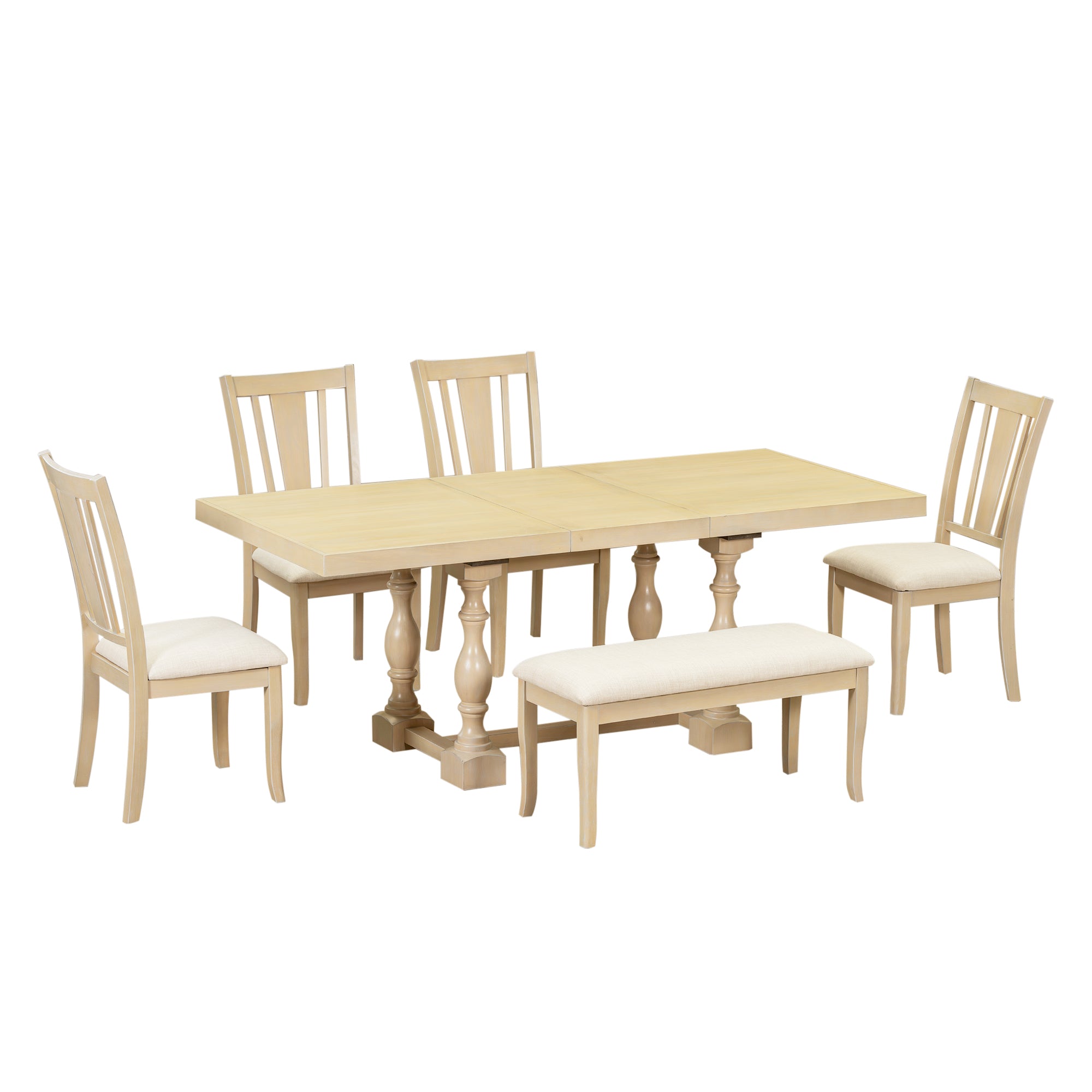 6-Piece Dining Set with Removable Leaf Table and Padded Dining Bench and 4 Chairs