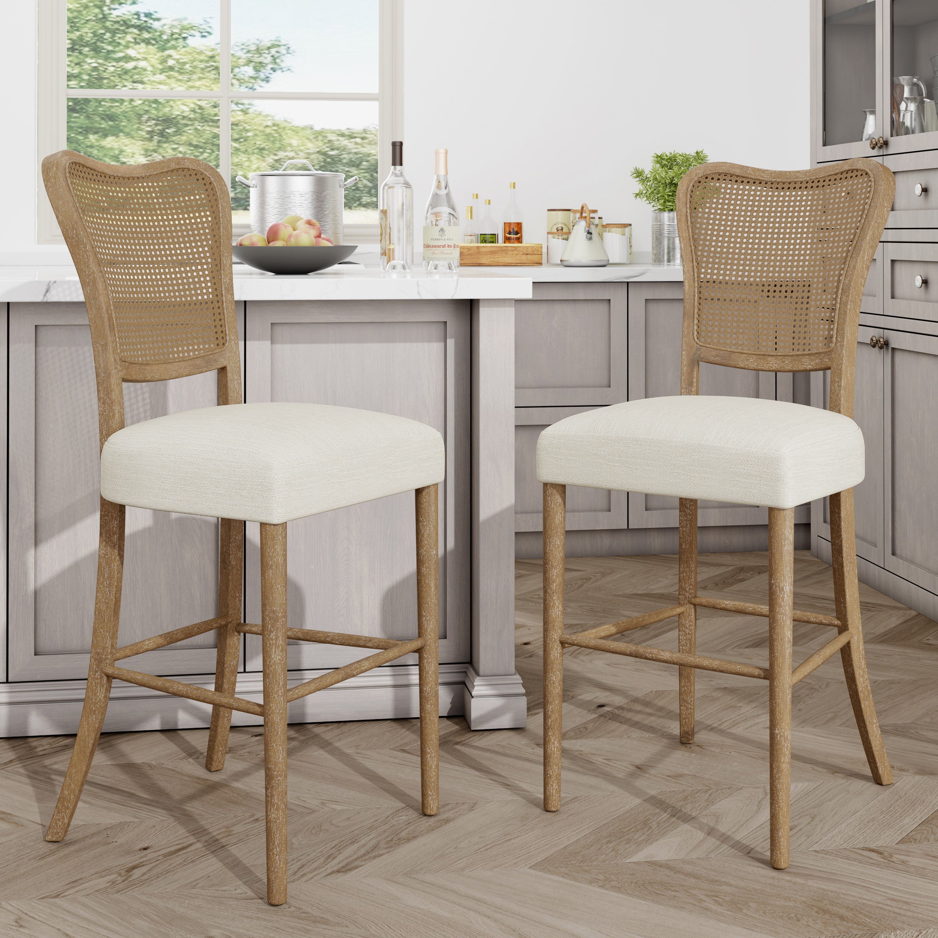 Cane-Back Upholstered Bar Stools, Set of 2