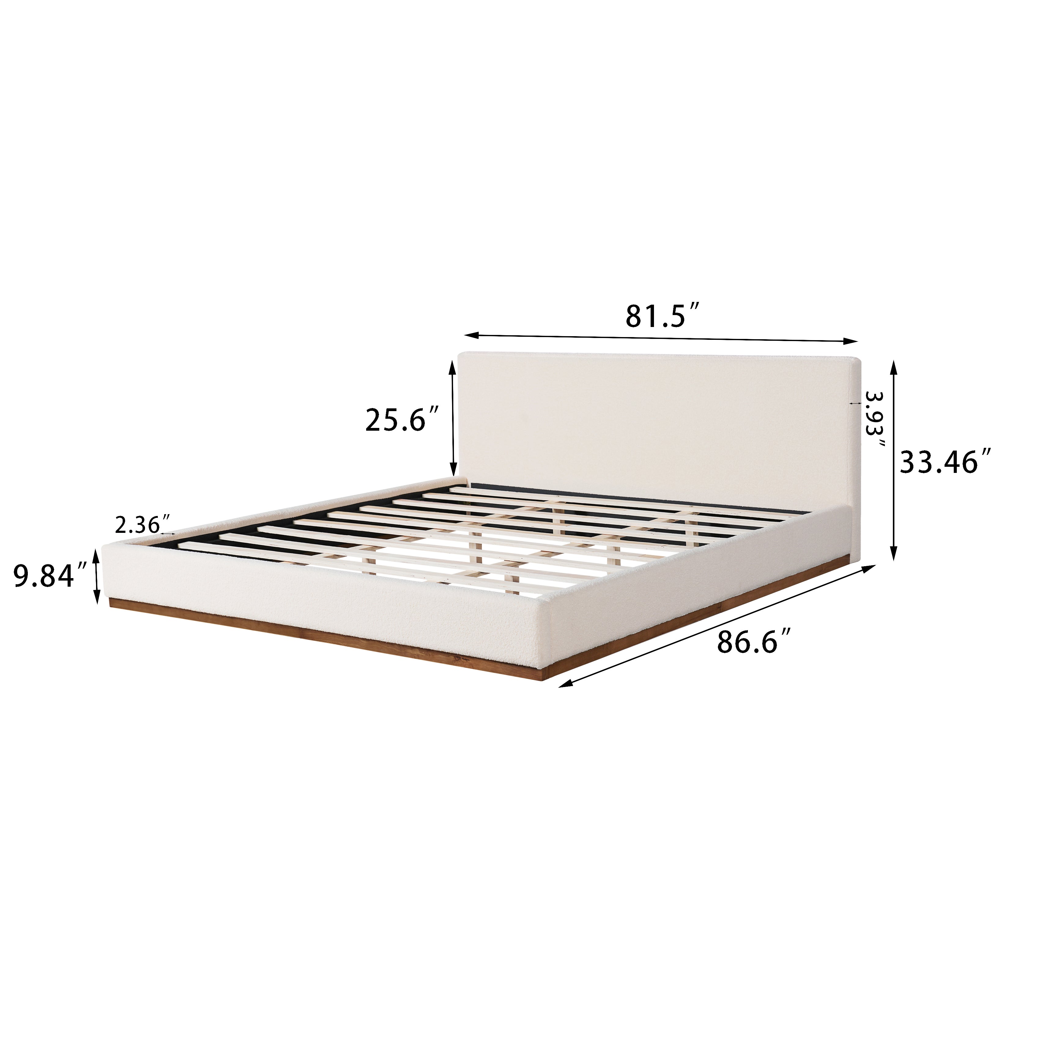 Elegant White Fabric Upholstered Bed With Nice Wood Grain Textured Solid Wood Base Frame