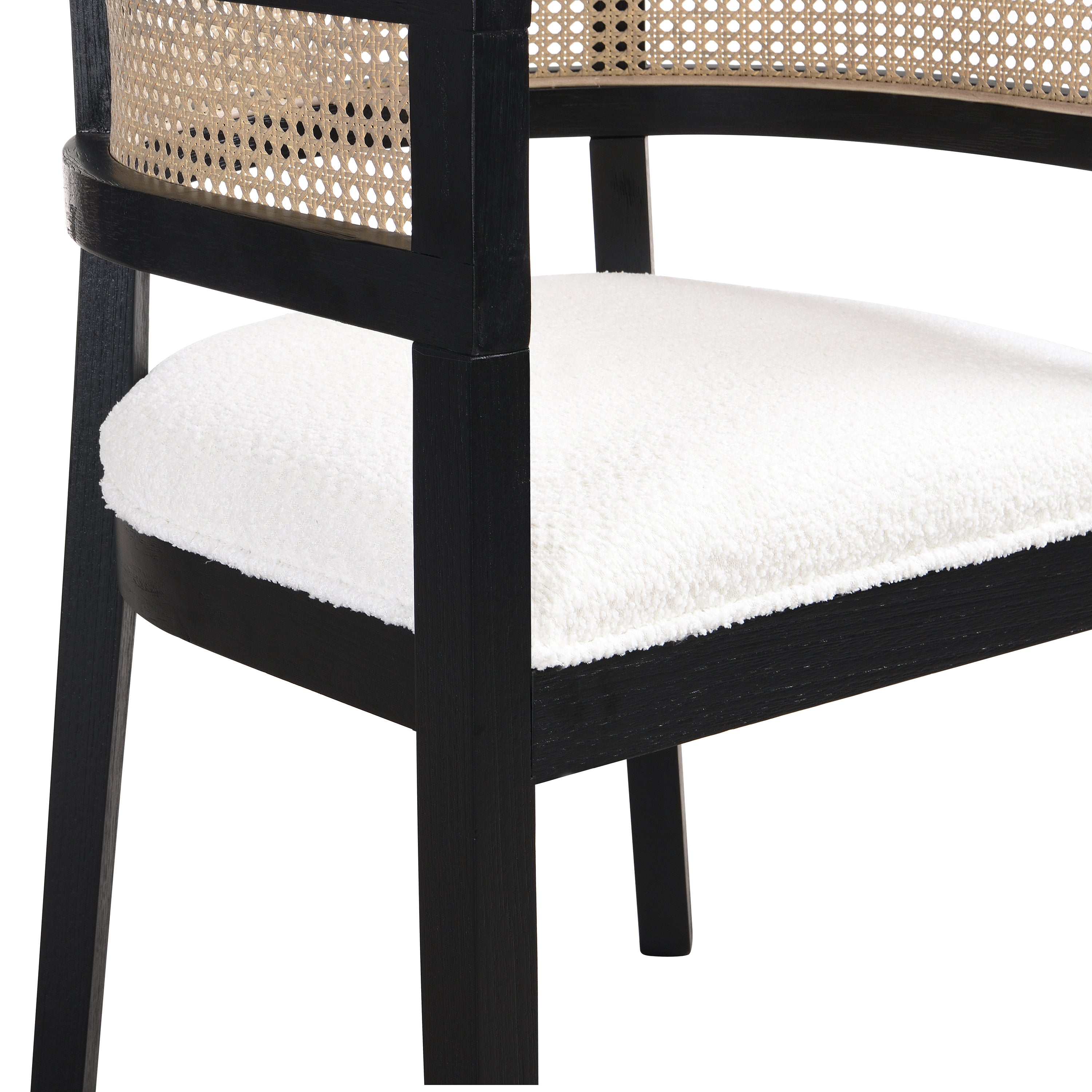Asbury 7-Piece Mid-Century Modern Wood Upholstered Dining Set with Rattan U-Back Chairs