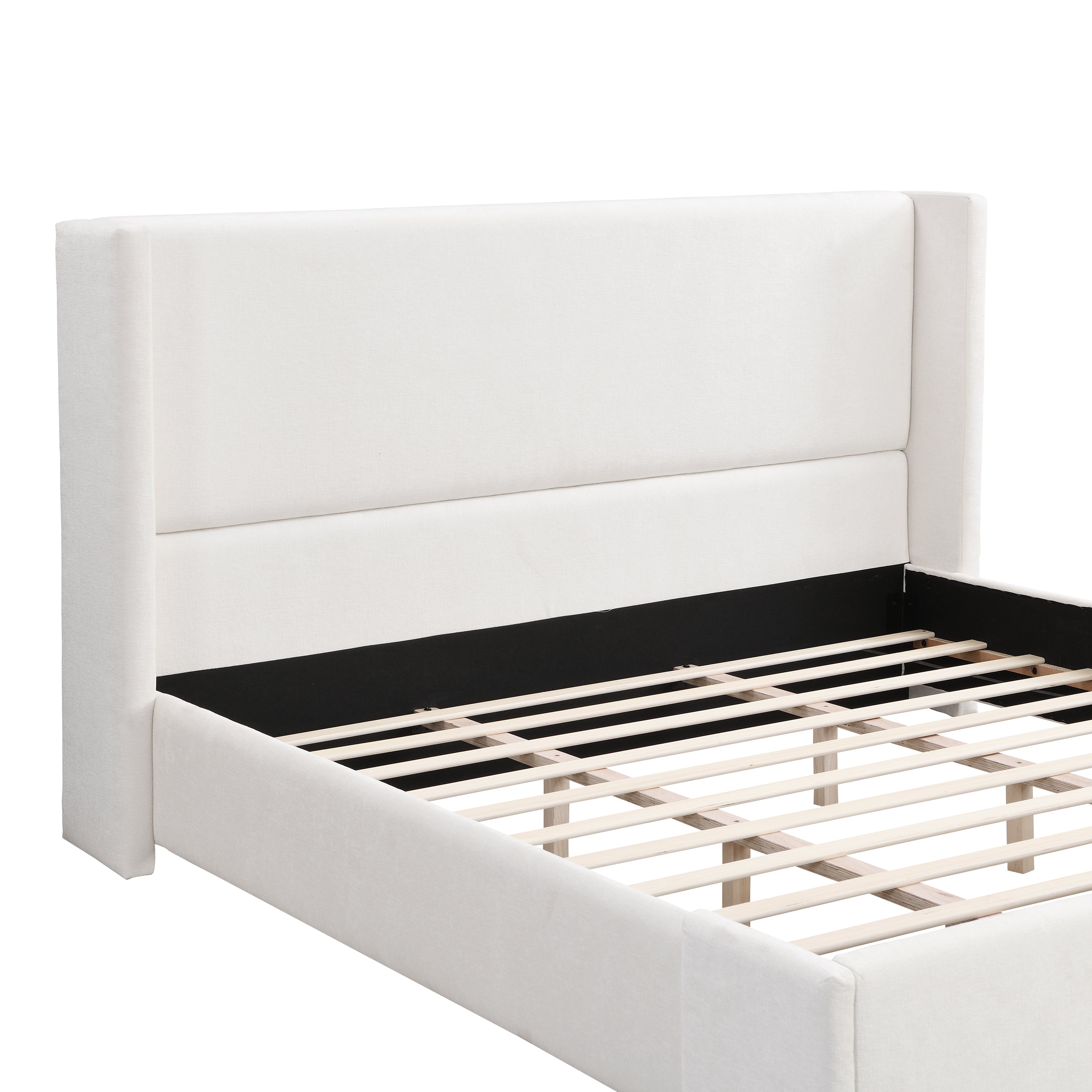 Elegant White Fabric Upholstered Bed with Tall Headboard