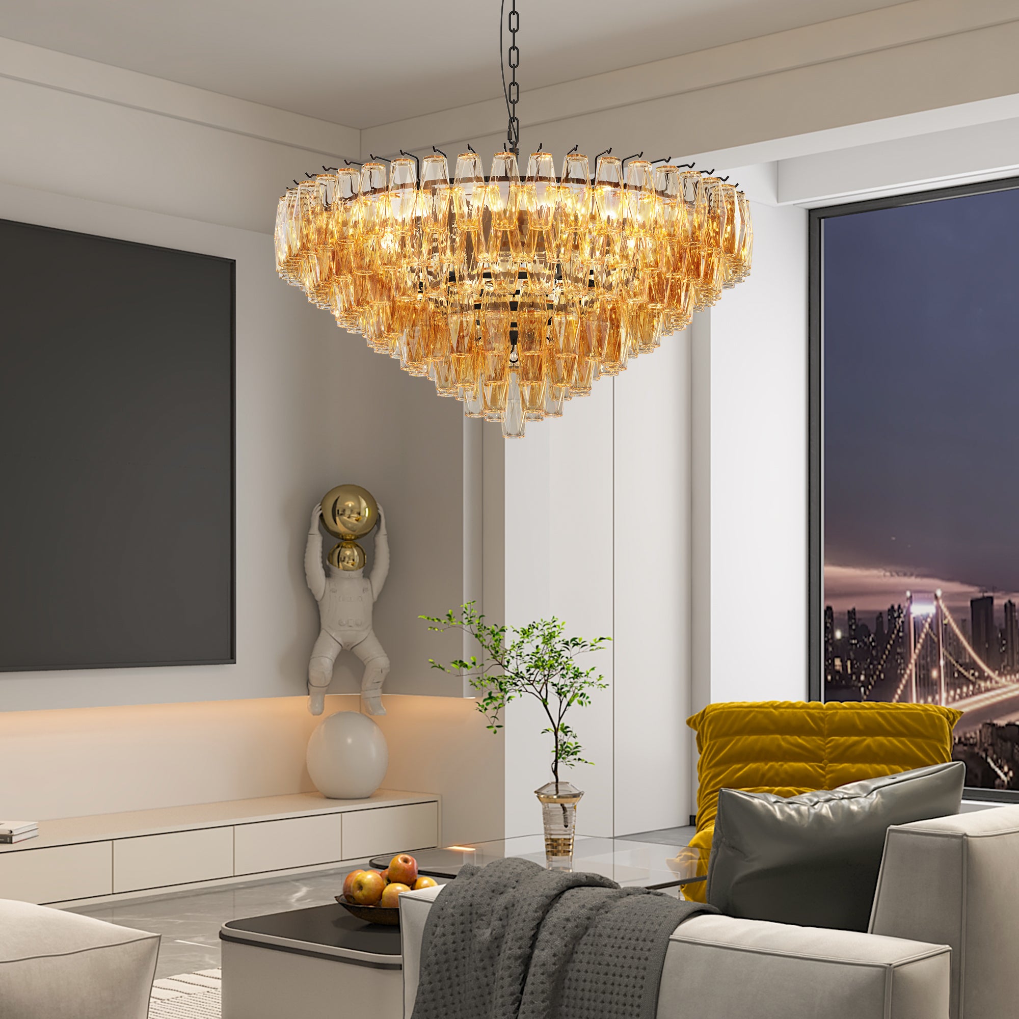 37" Extra Large Chandelier, 14-Light Gold Modern Round Chandelier for Living Room, Tiered Smoke Blown Glass Brass Chandeliers, Hanging Light Fixture for Bedroom, Dining Room, Foyer, Entryway
