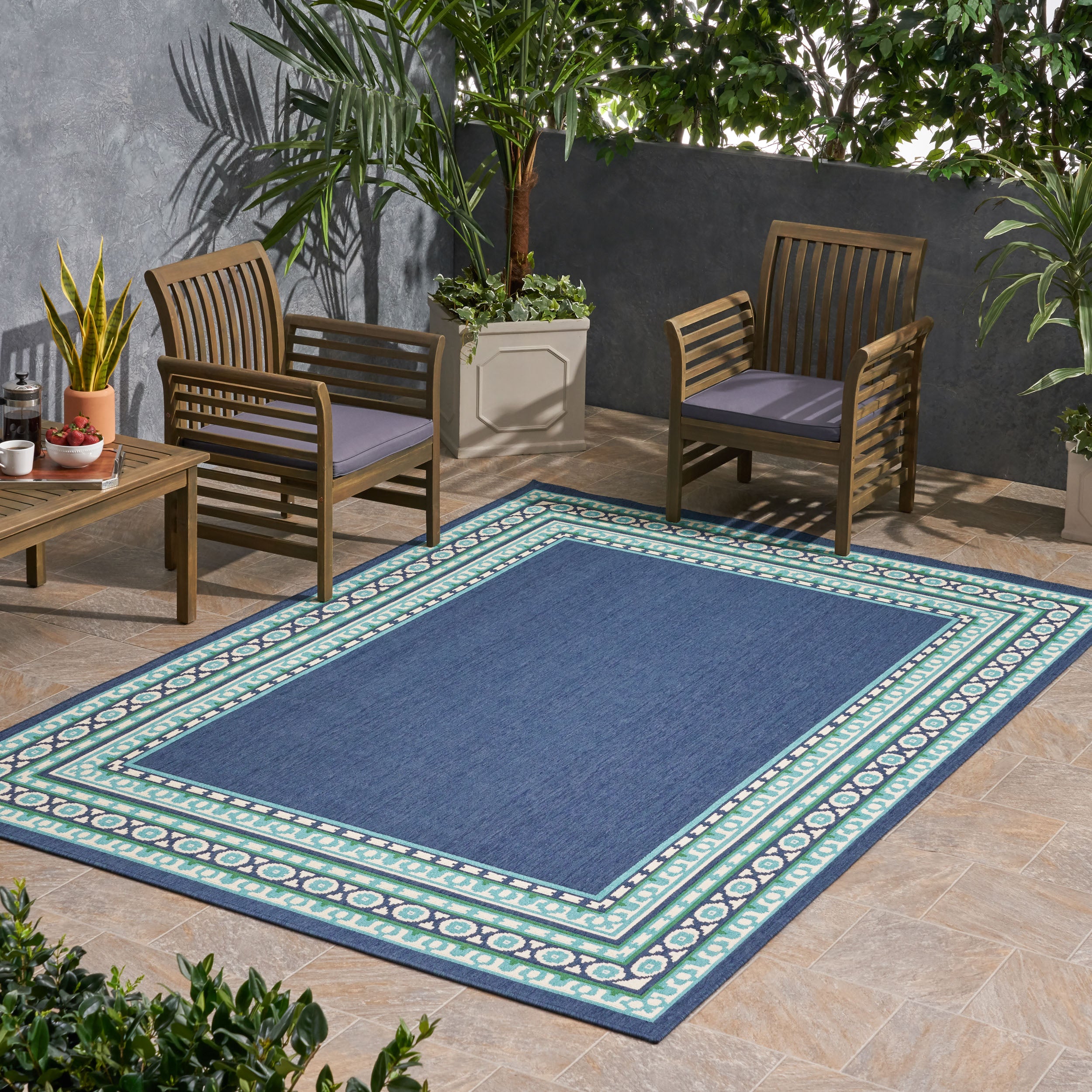 110"x79" Outdoor Rug with Rectangle Shape and Geometric Border Design