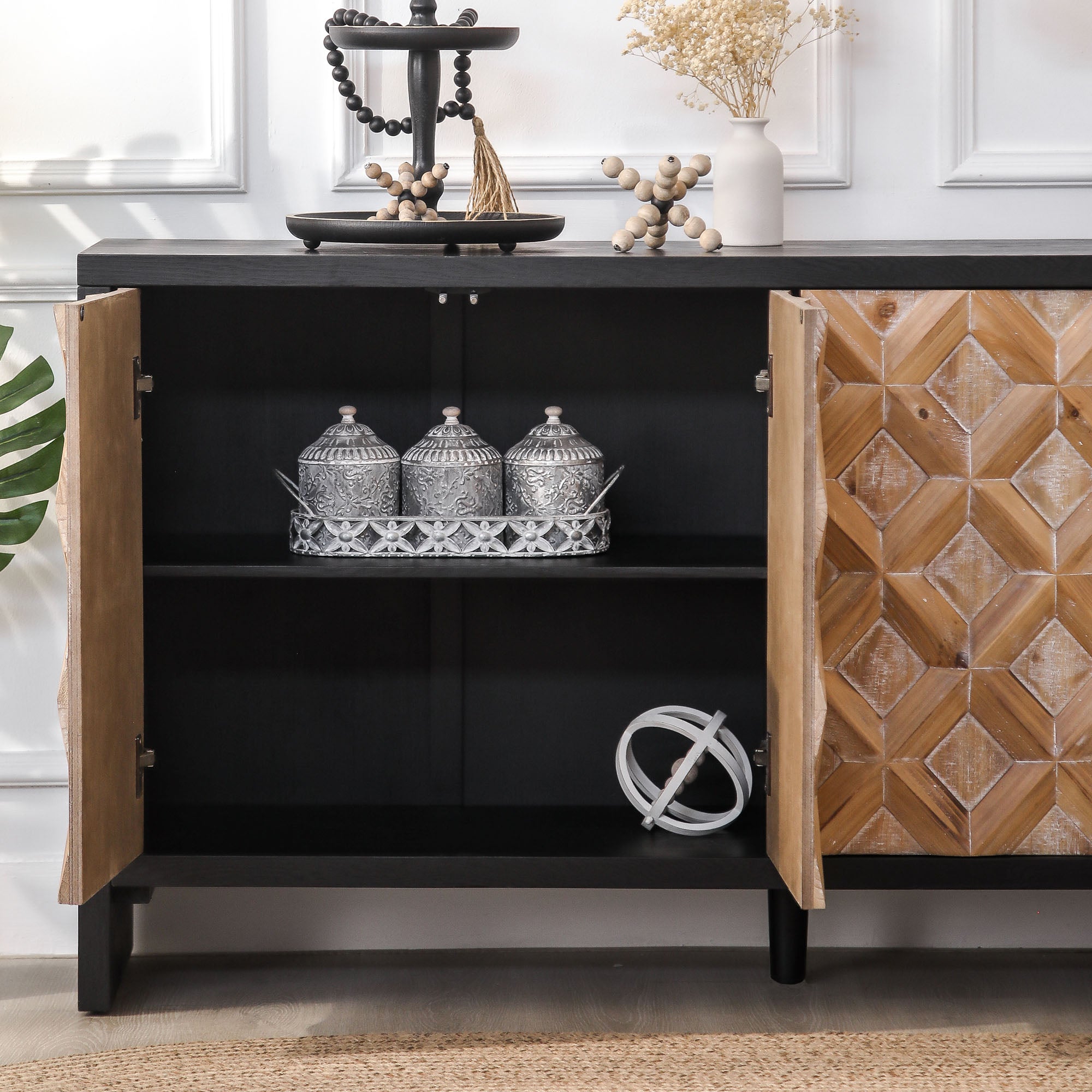 4-Door Wood Cabinet with Geometric Pattern
