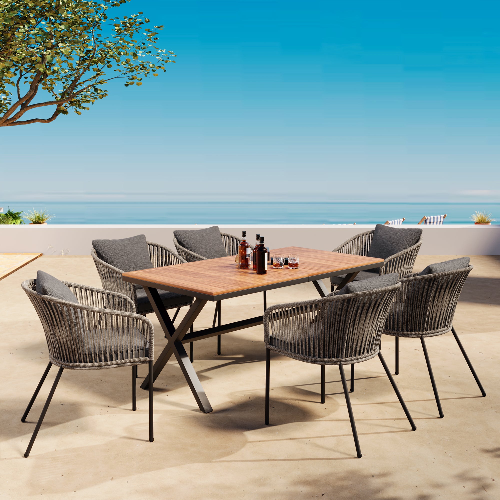 Exalted 7-Piece Outdoor Dining Set with Curved Back Chair and Rectangle Table