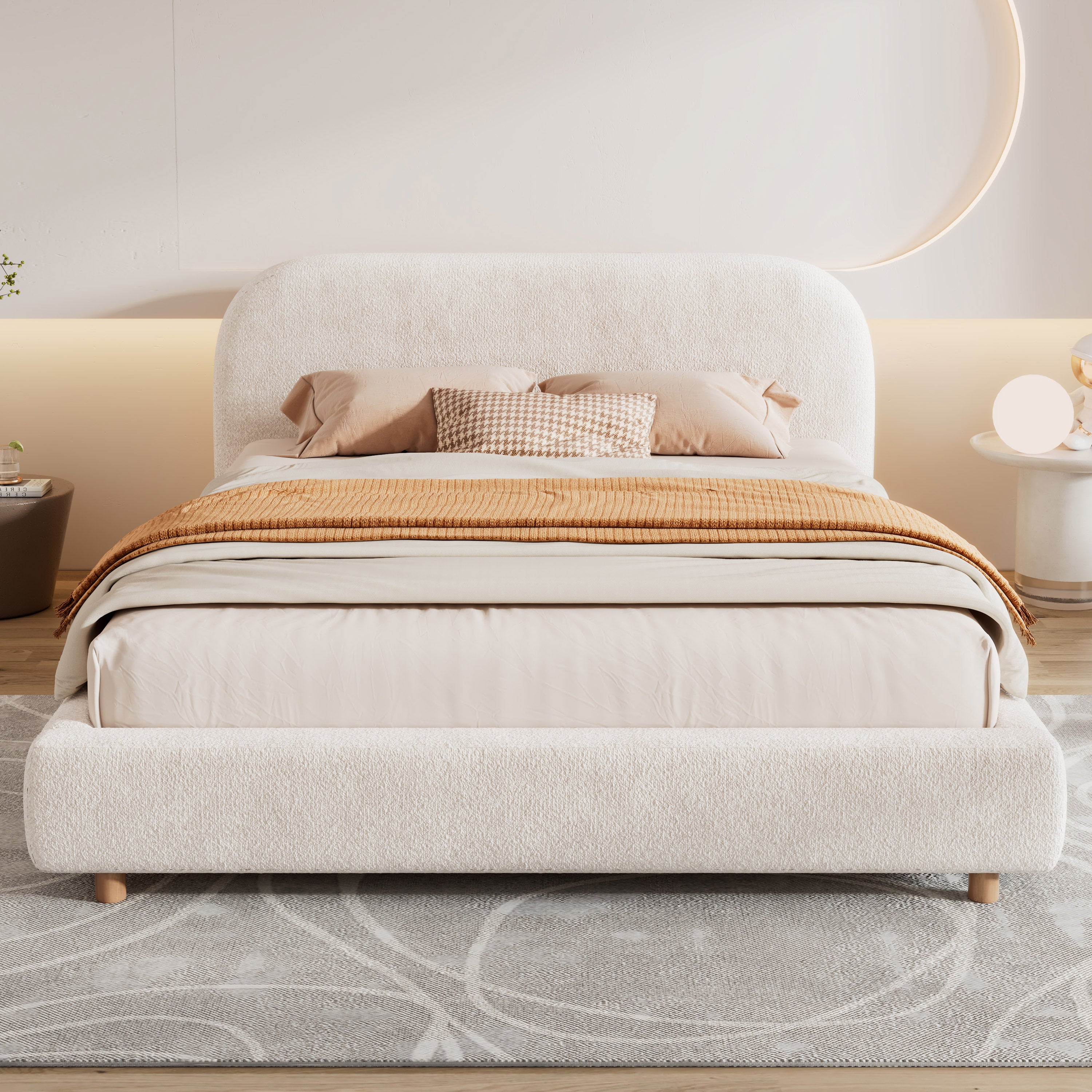 Boucle Fabric Upholstered Platform Bed with Curve-Shaped Design Headboard
