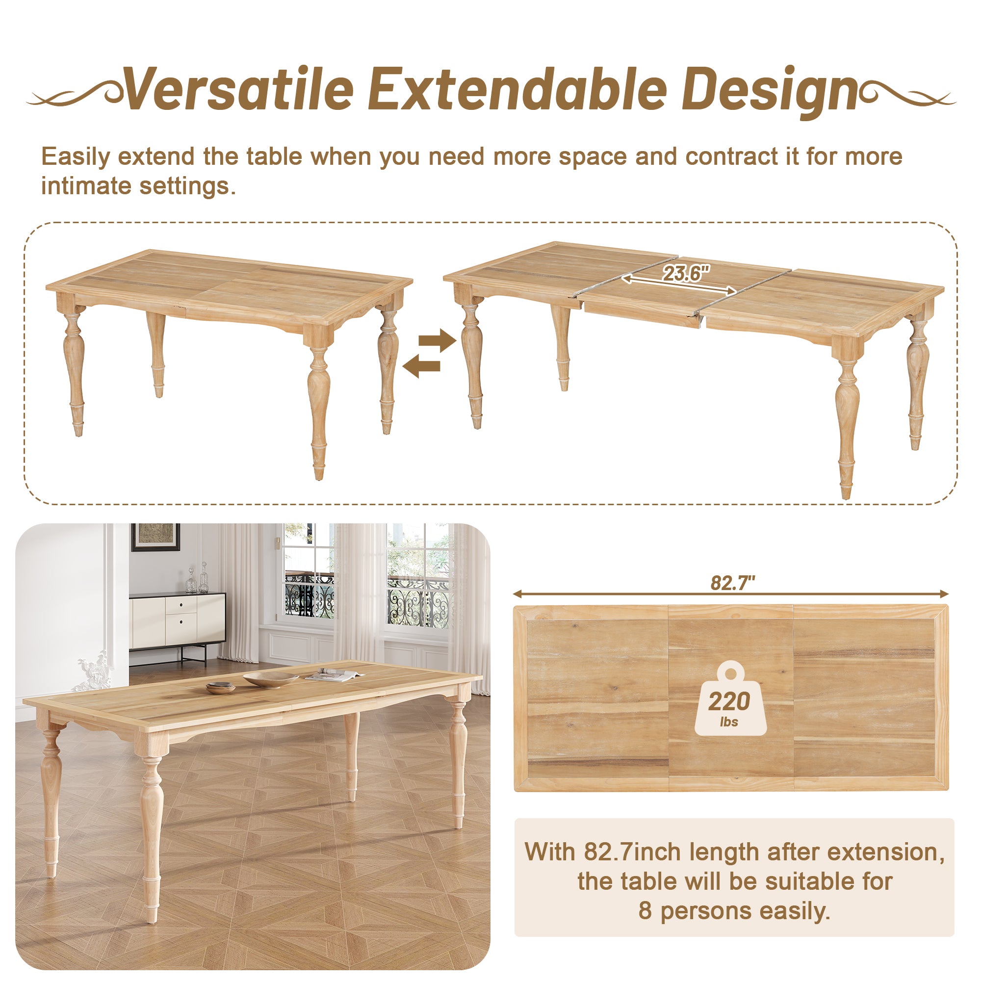 Foreverx 6-Piece Dining Set with Removable Leaf Table, Upholstered Dining Bench and 4 Chairs, Natural