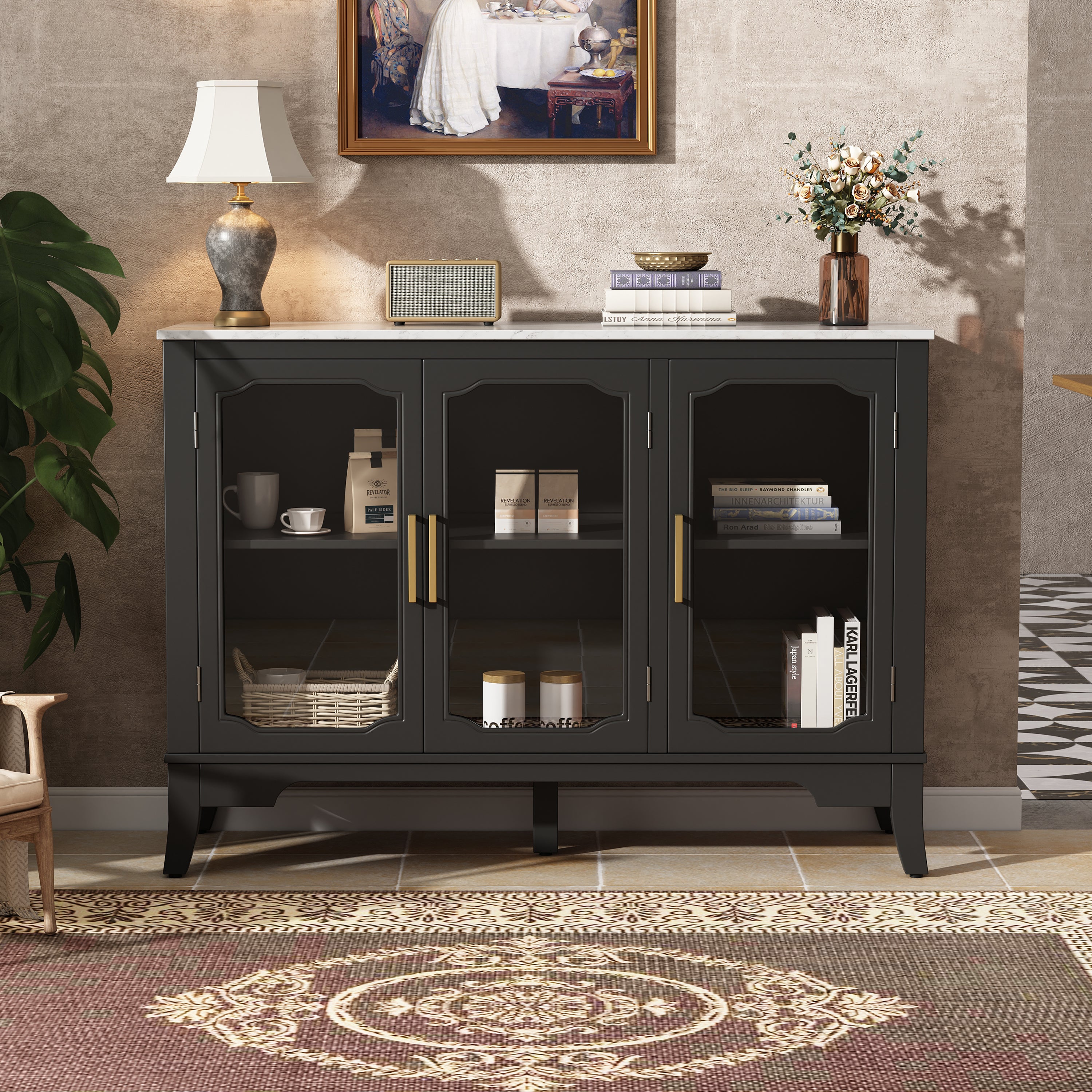 3-Door Storage Cabinet with Glass Doors