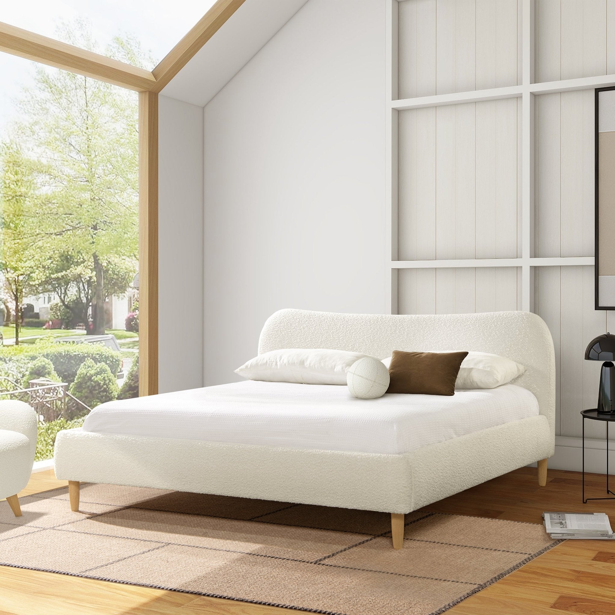 Enchantr Upholstered Platform Bed with Curved Headboard and Wood Frame - Beds & Headboards