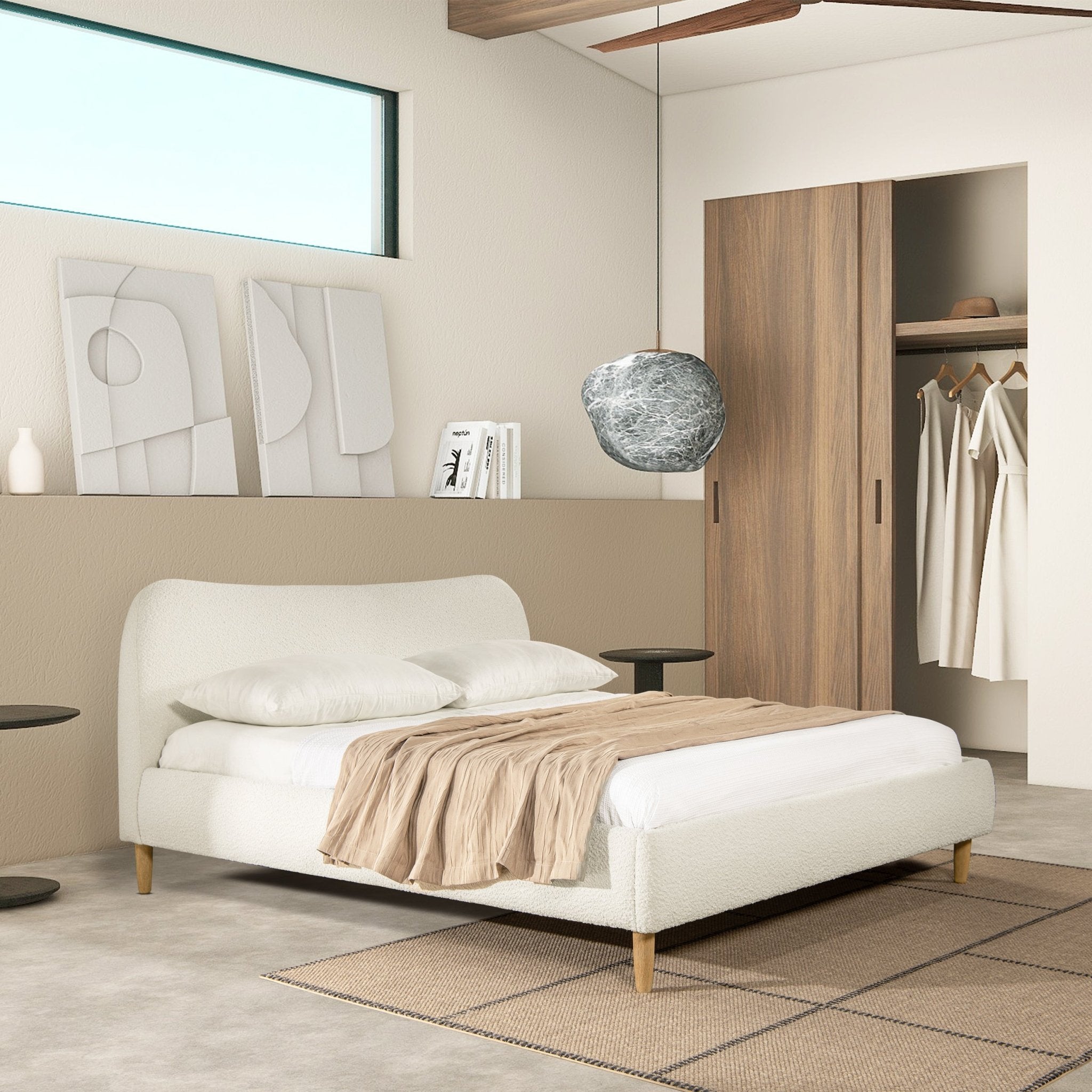 Enchantr Upholstered Platform Bed with Curved Headboard and Wood Frame - Beds & Headboards