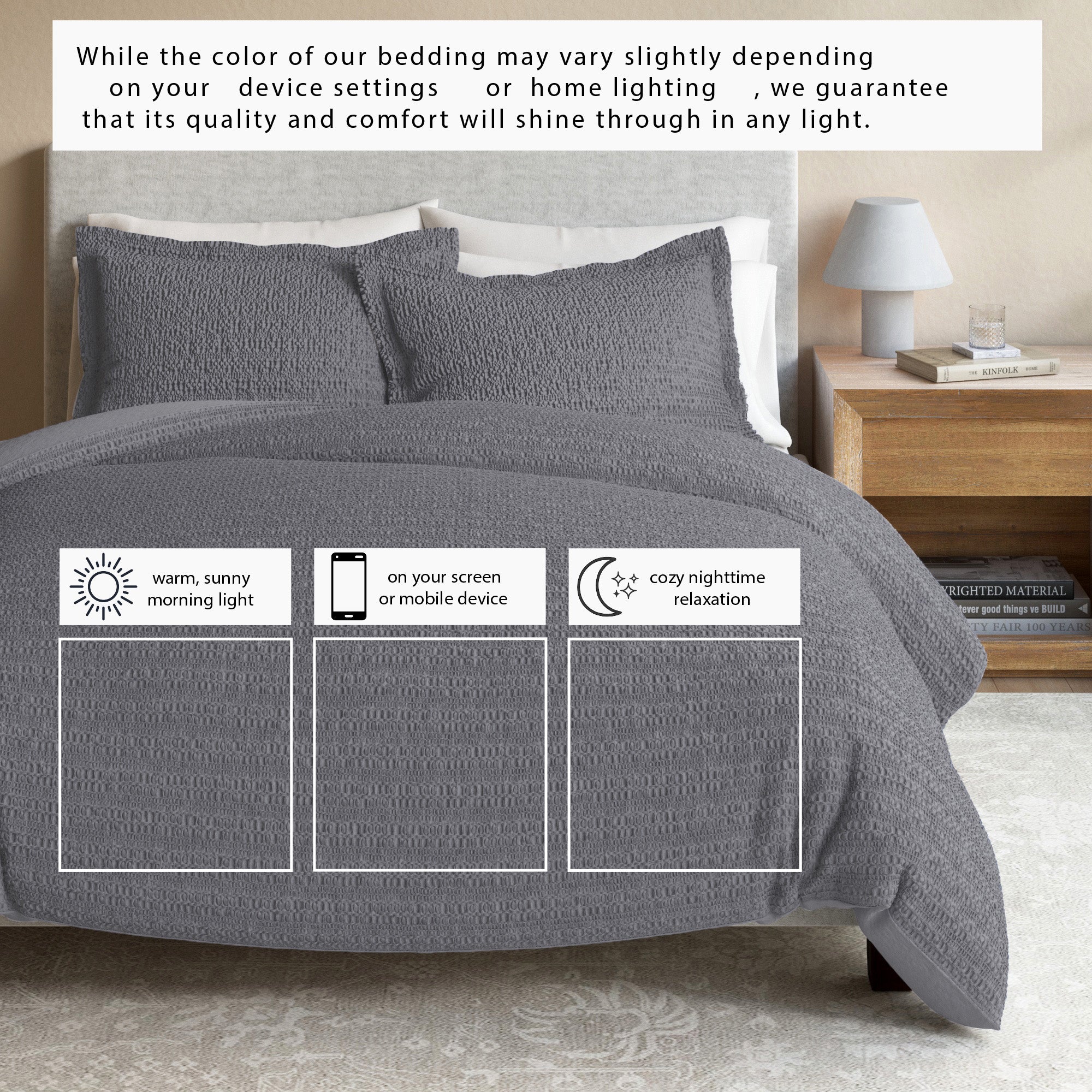 100% Cotton Honeycomb Waffle Textured Duvet Cover with Pillow Shams