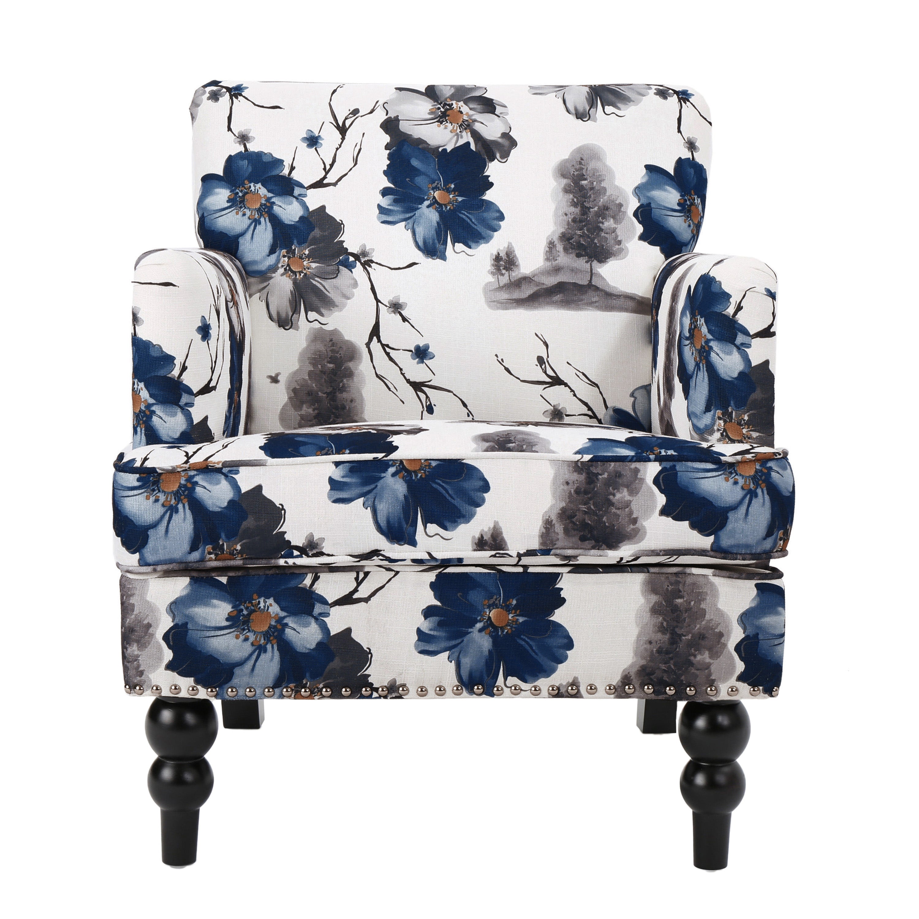 Harrison Blue Floral Tufted Nailhead Accent Chair with Wood Legs