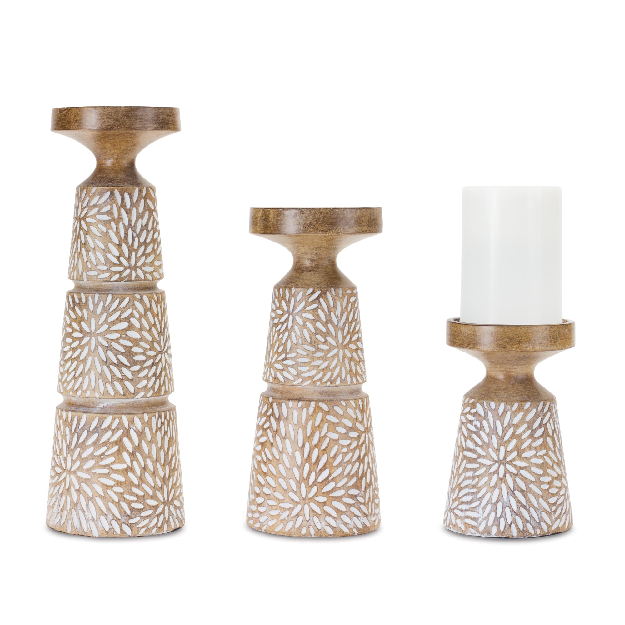 Etched Candle Holder with Wood Grain Design (Set of 3) - Pillar Stands