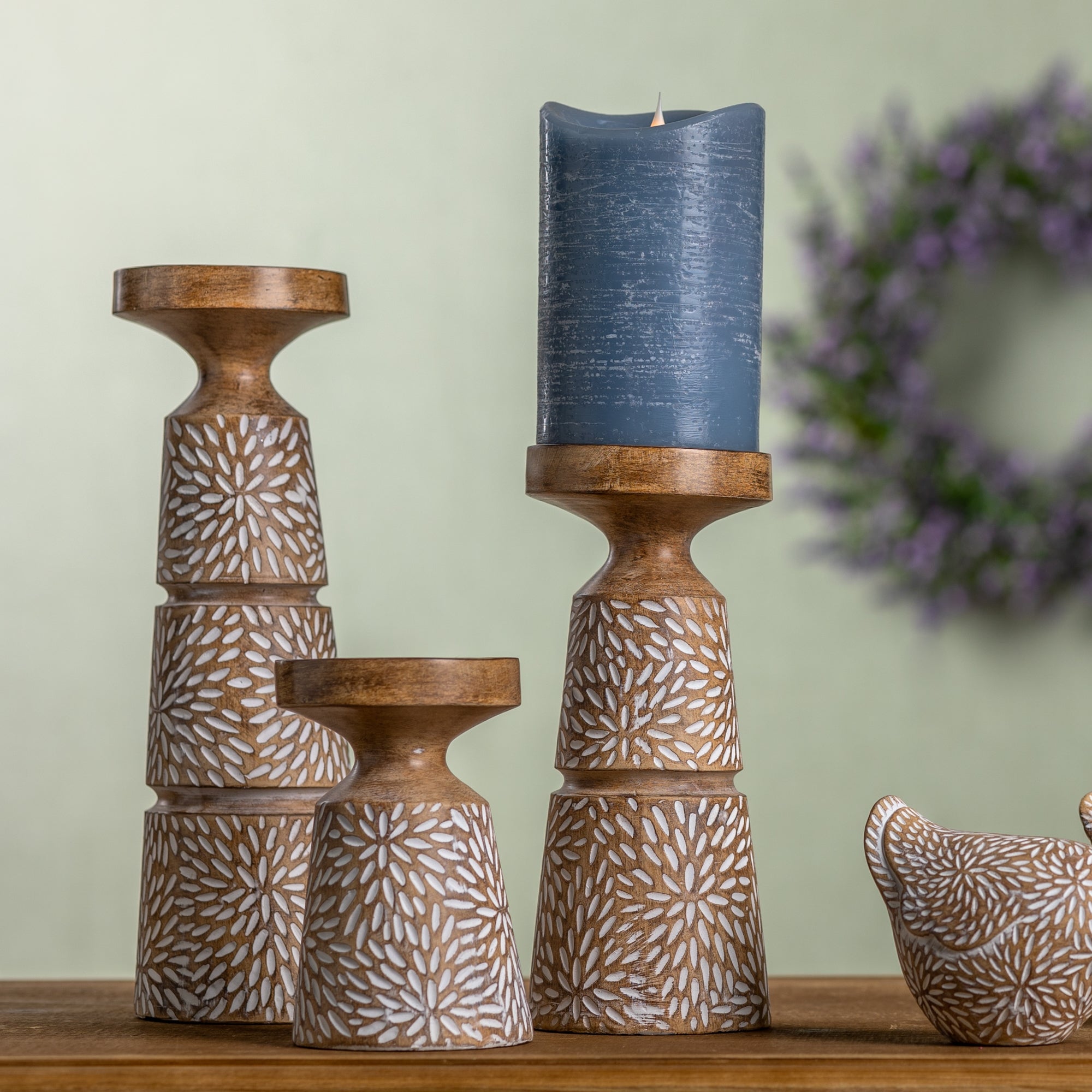 Etched Candle Holder with Wood Grain Design (Set of 3) - Pillar Stands