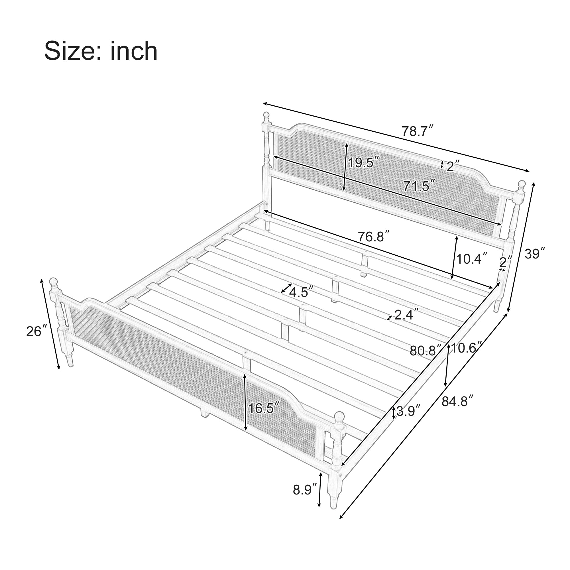 Excelsis Rattan Bed Frame with Fluted Legs, Antique Walnut - Beds & Headboards