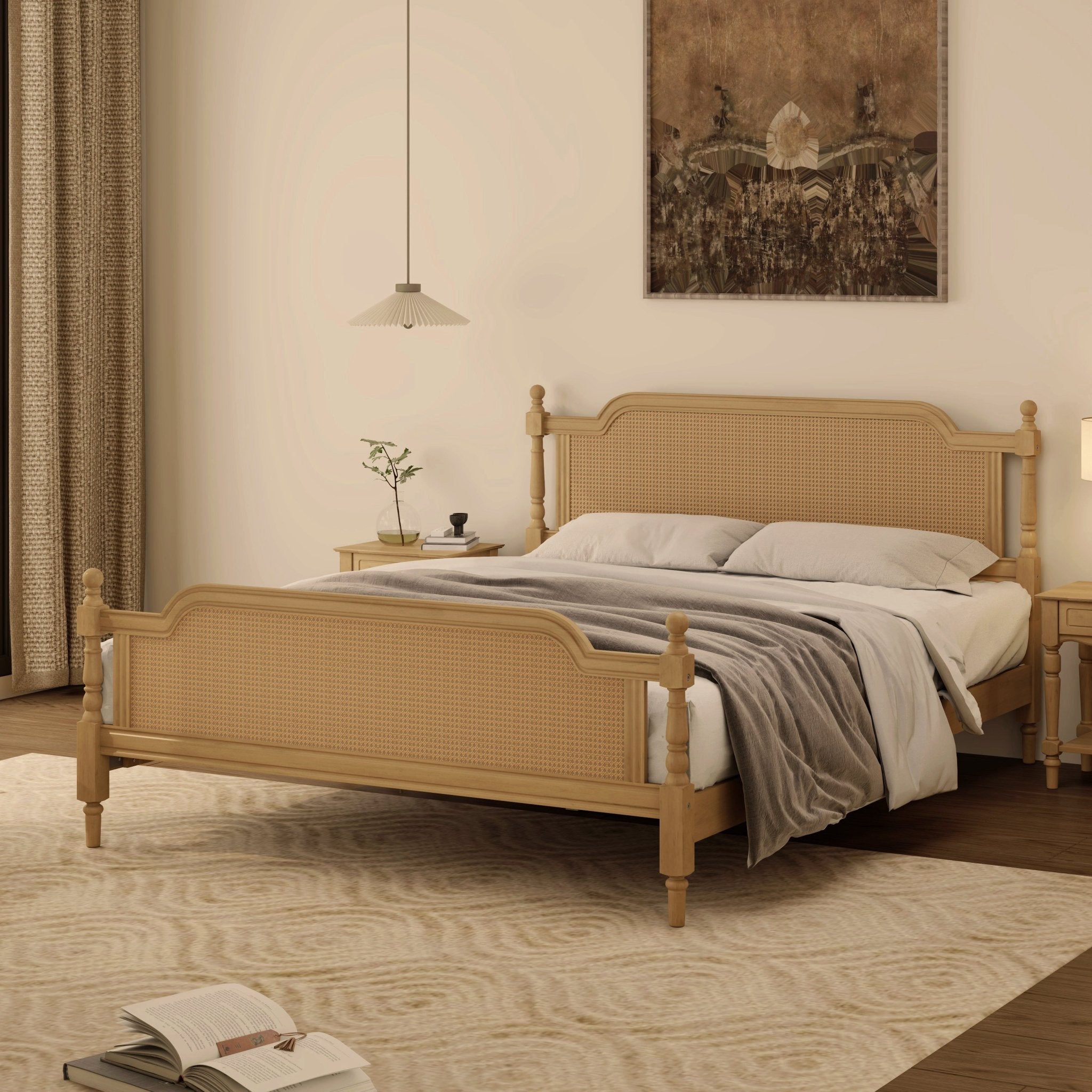 Excelsis Rattan Bed Frame with Fluted Legs, Antique Walnut - Beds & Headboards