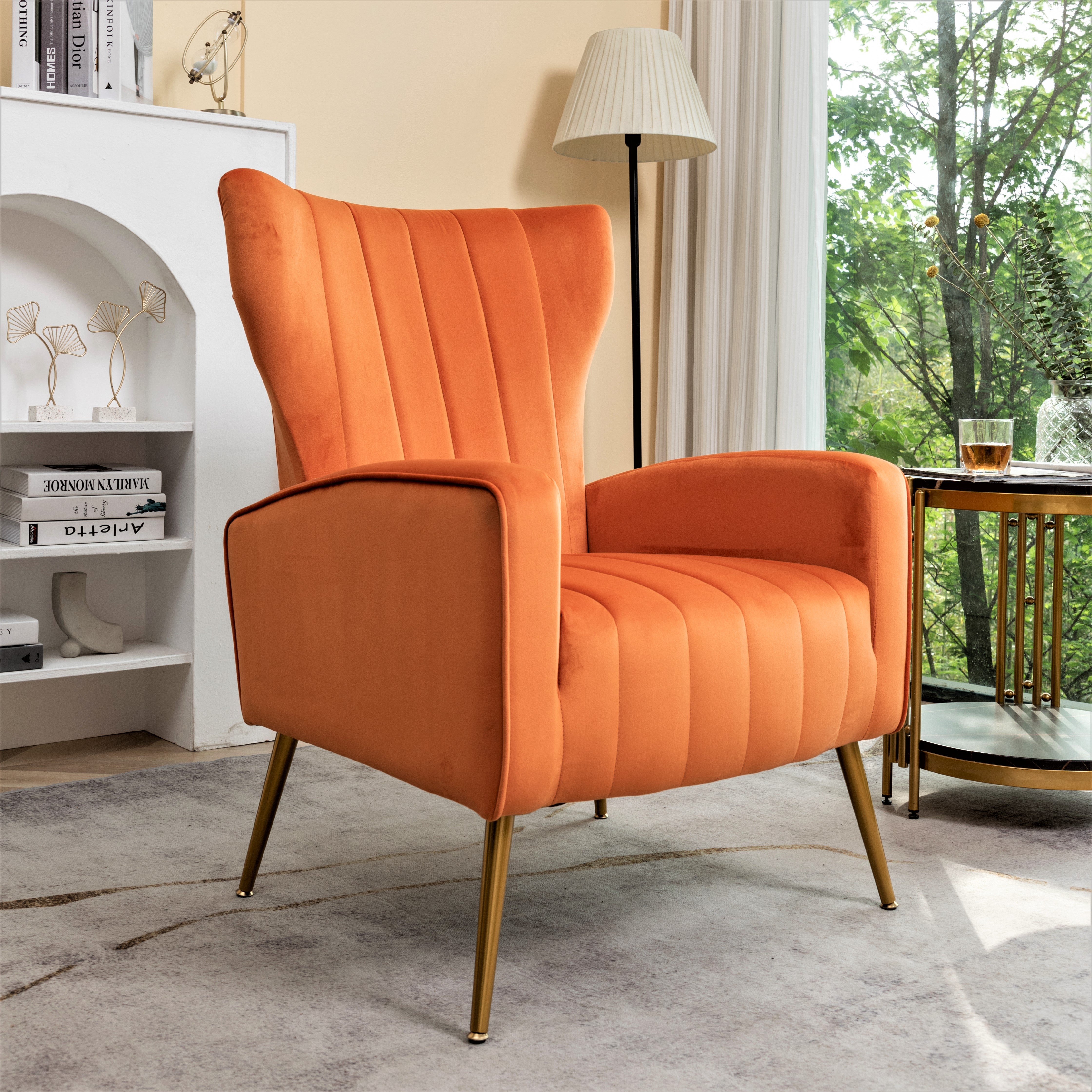 Velvet Accent Wingback Armchair with Metal Legs