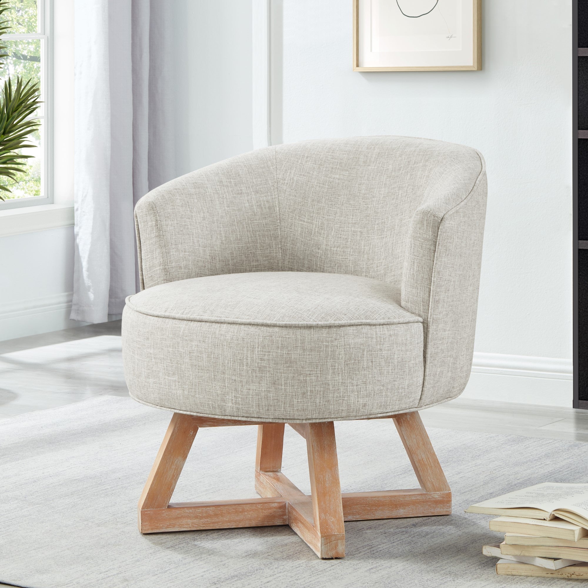 Linen 360° Swivel Chair with Cross-Shaped Wooden Base