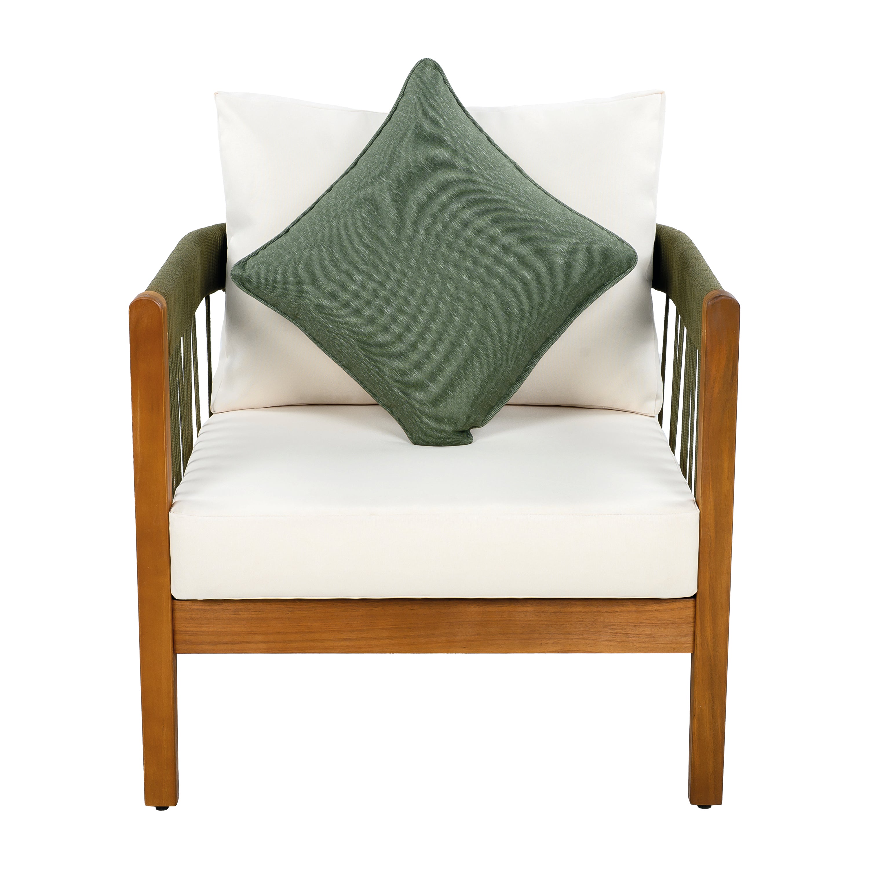 Azari Outdoor Acacia Wood Club Chair with Handwoven Rope Accents & Curved Backrest