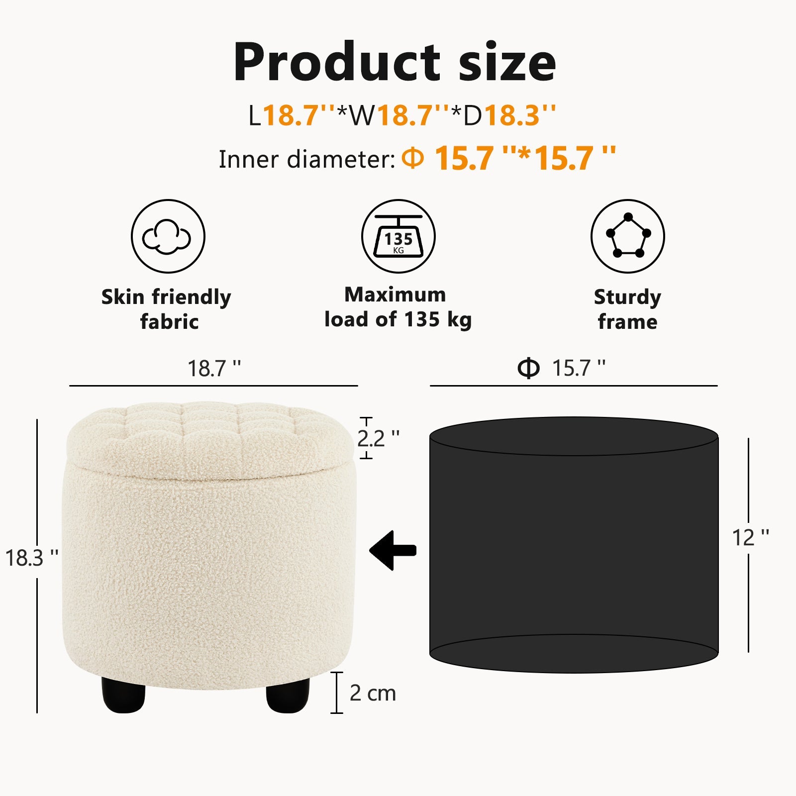 Small Upholstered Circle Pouf Footstool with Removable Lid Storage