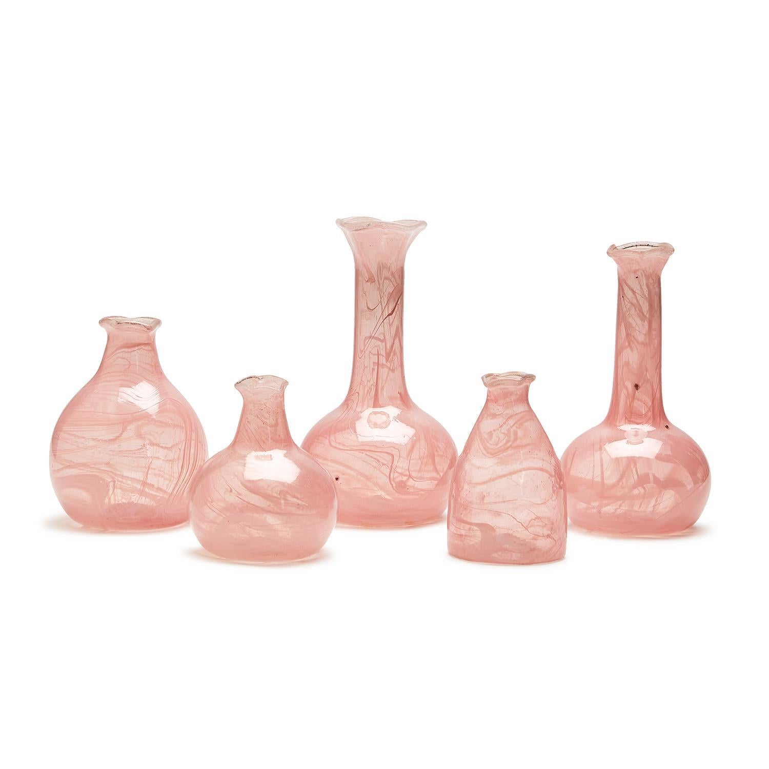 Pink Decorative Bottle / Vases with White Swirl, Set of 5