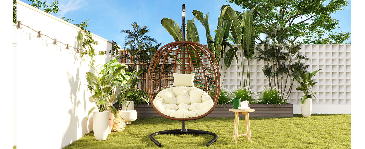 Folding Hanging Swinging Egg Chair with Stand & Tufted Cushion