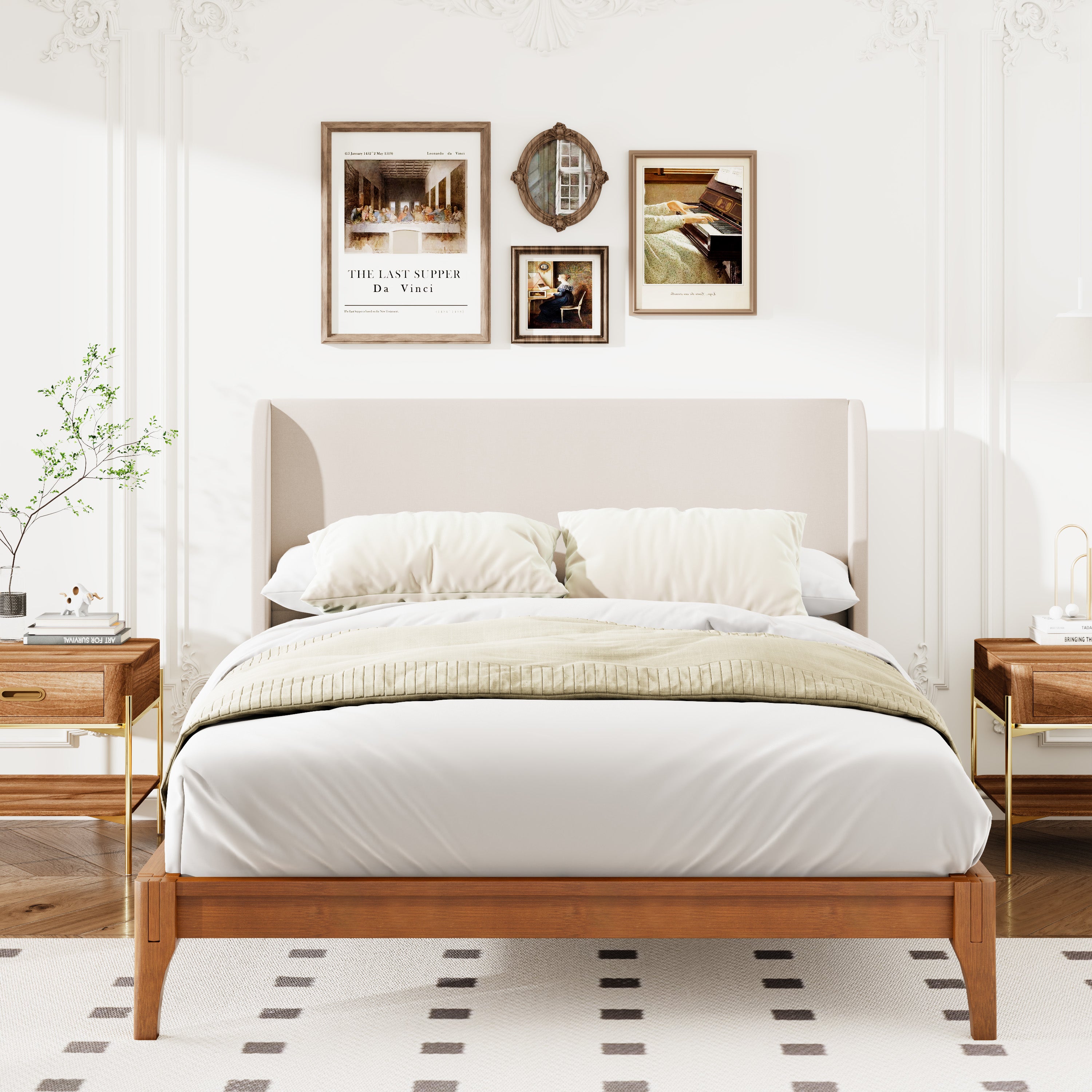 Solid Dry Bamboo Wood Platform Bed with 48" Upholstered High Headboard