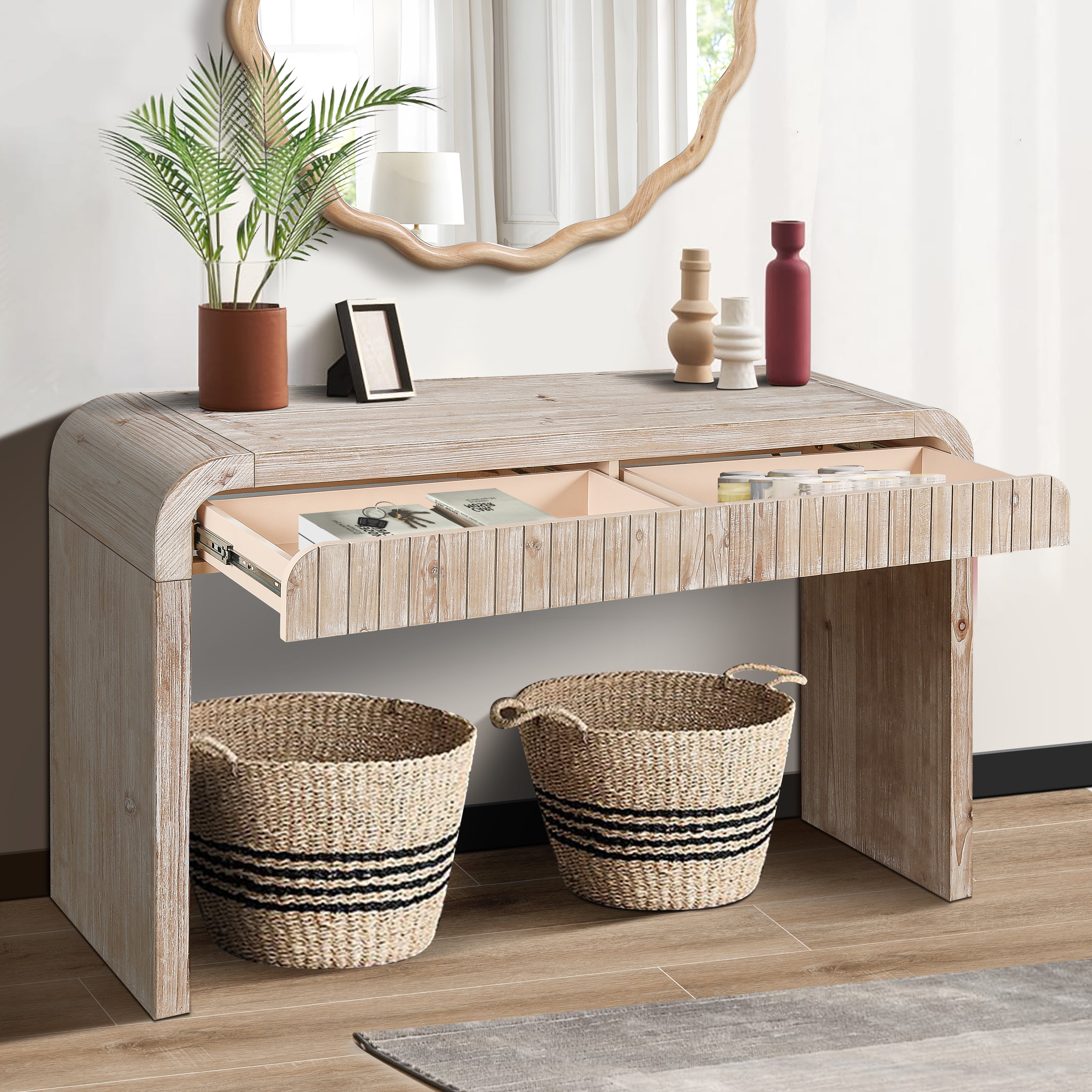 Console Table with Curved Edge 2 Hidden Handle Drawers