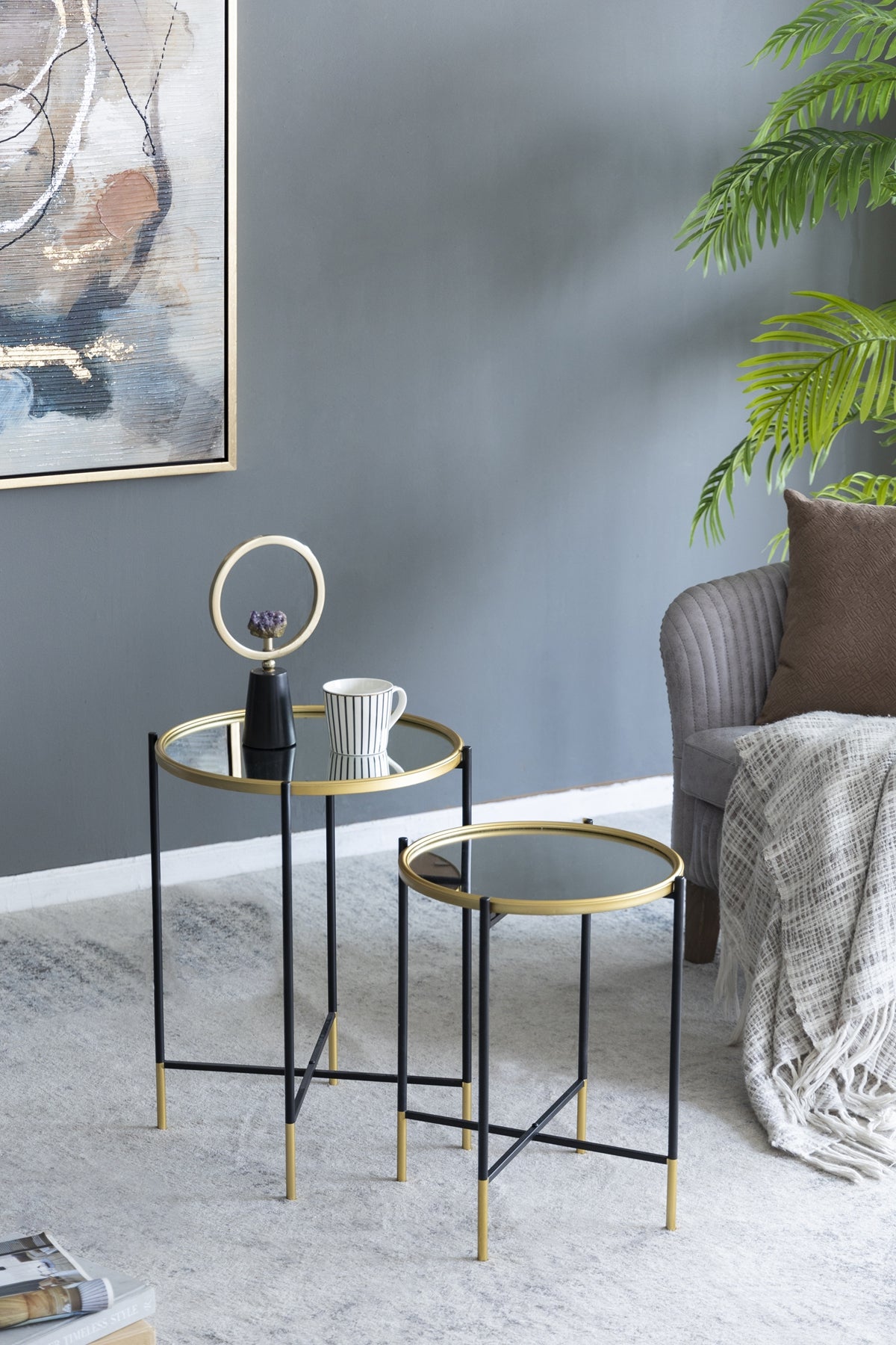 Set of 2 Gold and Black Iron Side Tables with Glass Top