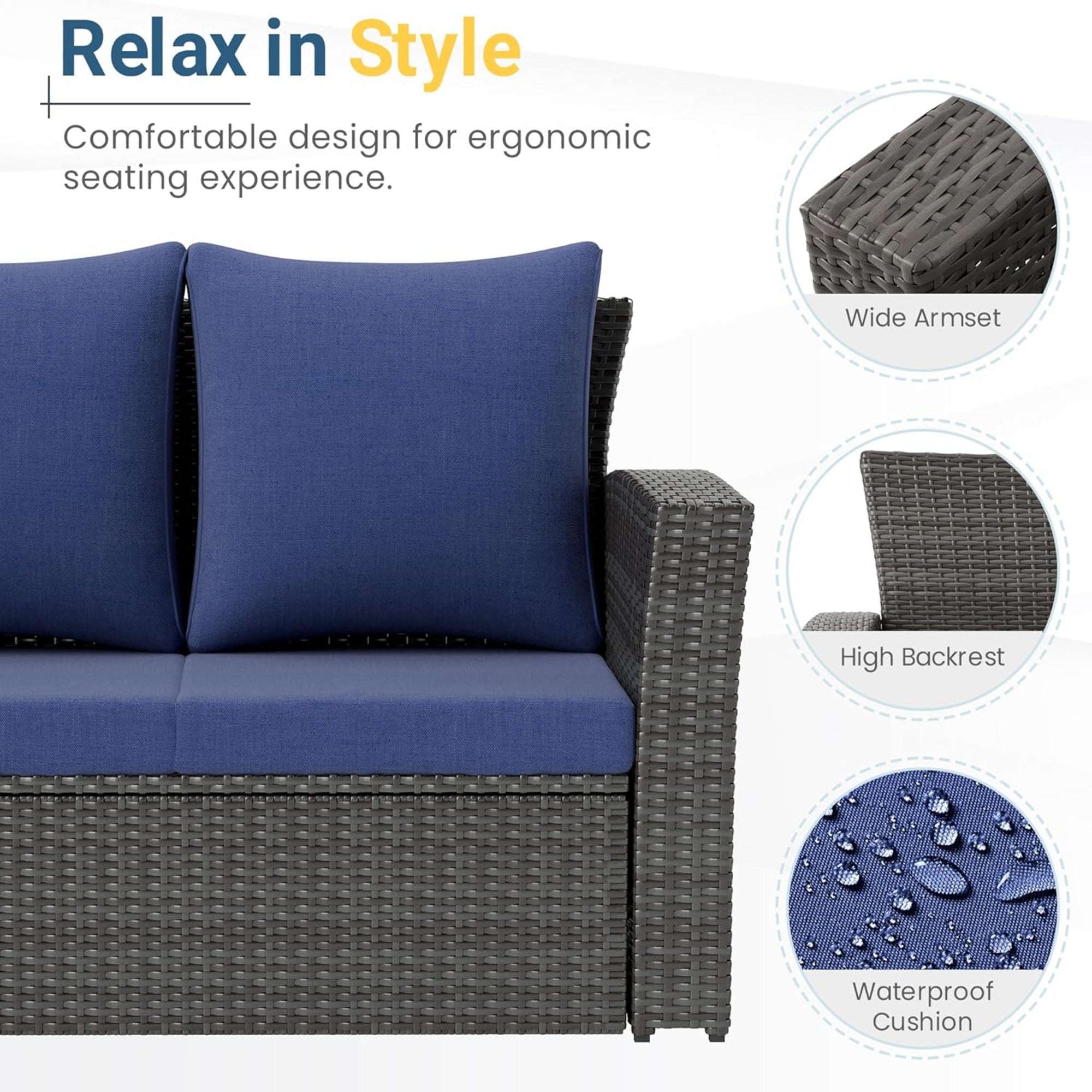 All-Weather Wicker 3-Seat Patio Sofa with Thick Gray Cushions & Black Iron Frame, 67.7'