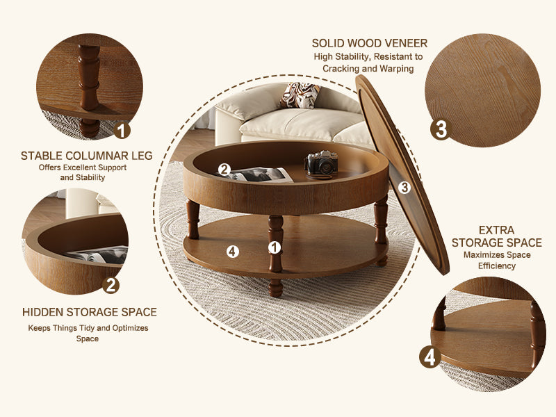 Traditional Round Coffee Table with Storage and Hidden Compartment