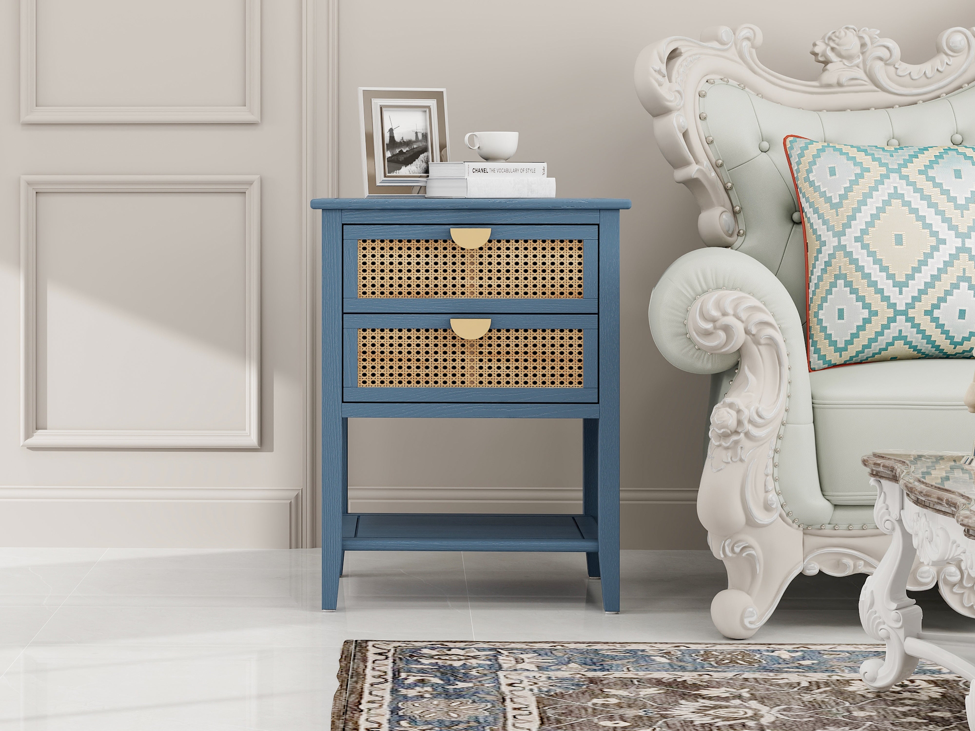 Side Table with 2 Rattan Drawers and Shelf